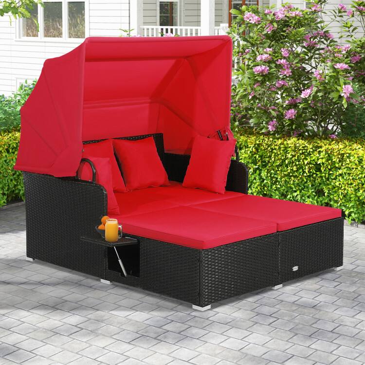Left. SlickBlue - Patio Rattan Daybed with Retractable Canopy and Side Tables for Outdoor Lounge - Red.