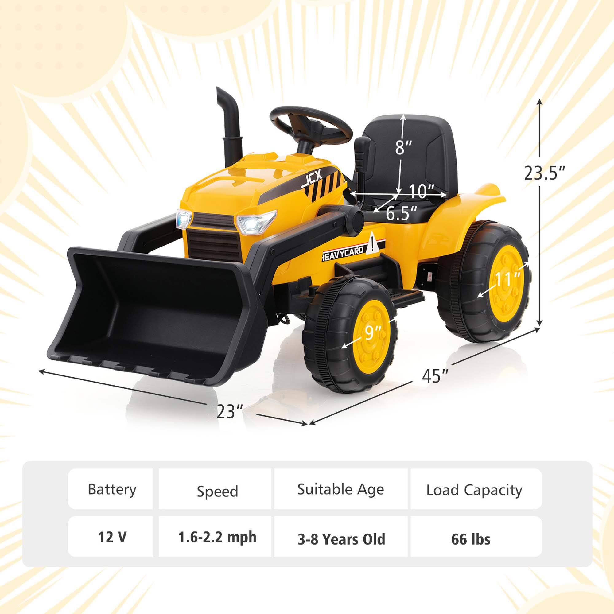- **Dimensions:**
  - Seat Height: 8"
  - Seat Width: 10"
  - Seat Depth: 6.5"
  - Overall Height: 23.5"
  - Overall Length: 45"
  - Overall Width: 23"
  - Wheel Diameter: 11"
  - Tire Width: 9"

- **Specifications:**
  - Battery: 12 V
  - Speed: 1.6-2.2 mph
  - Suitable Age: 3-8 Years Old
  - Load Capacity: 66 lbs