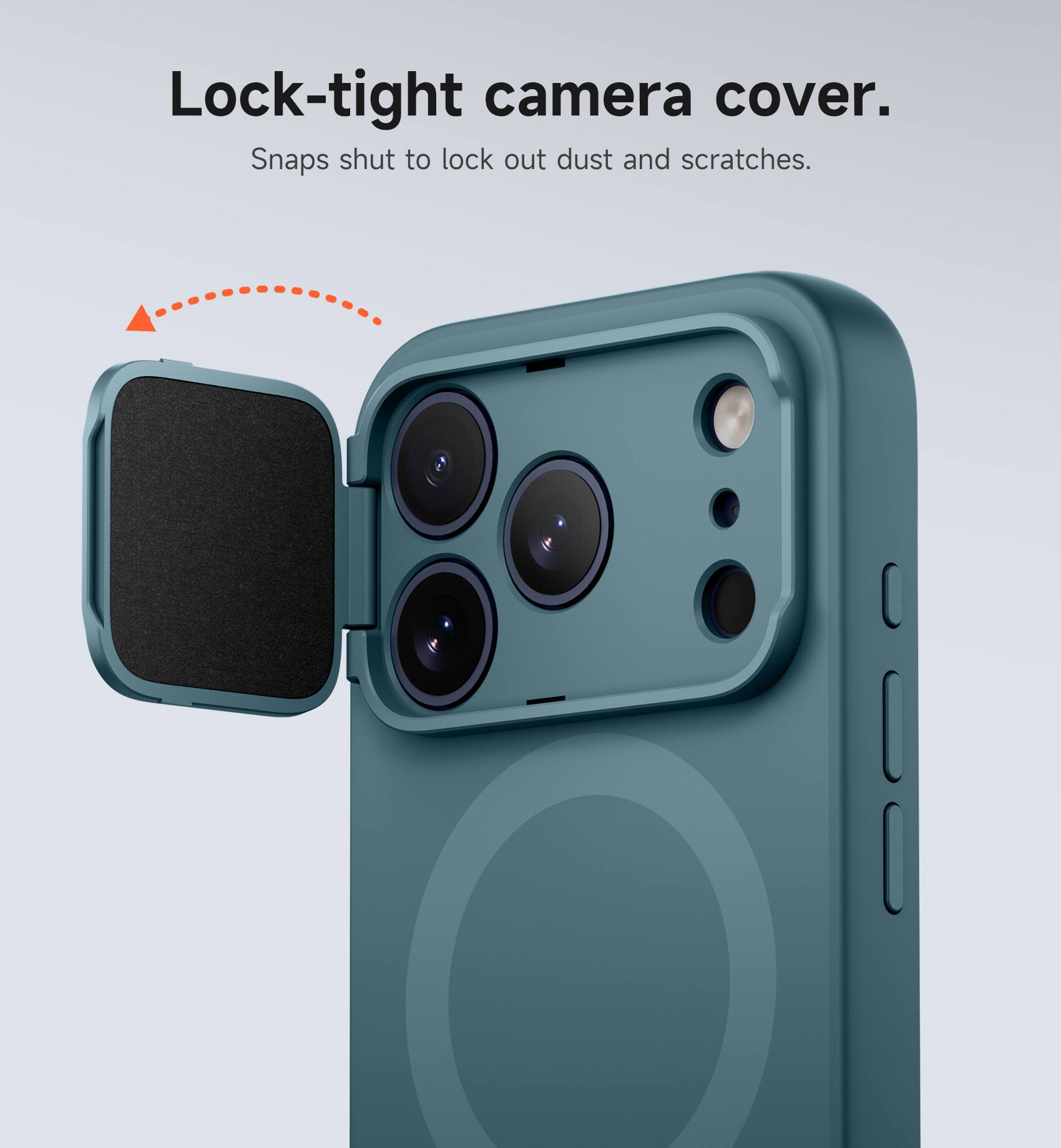 Lock-tight camera cover. Snaps shut to lock out dust and scratches.