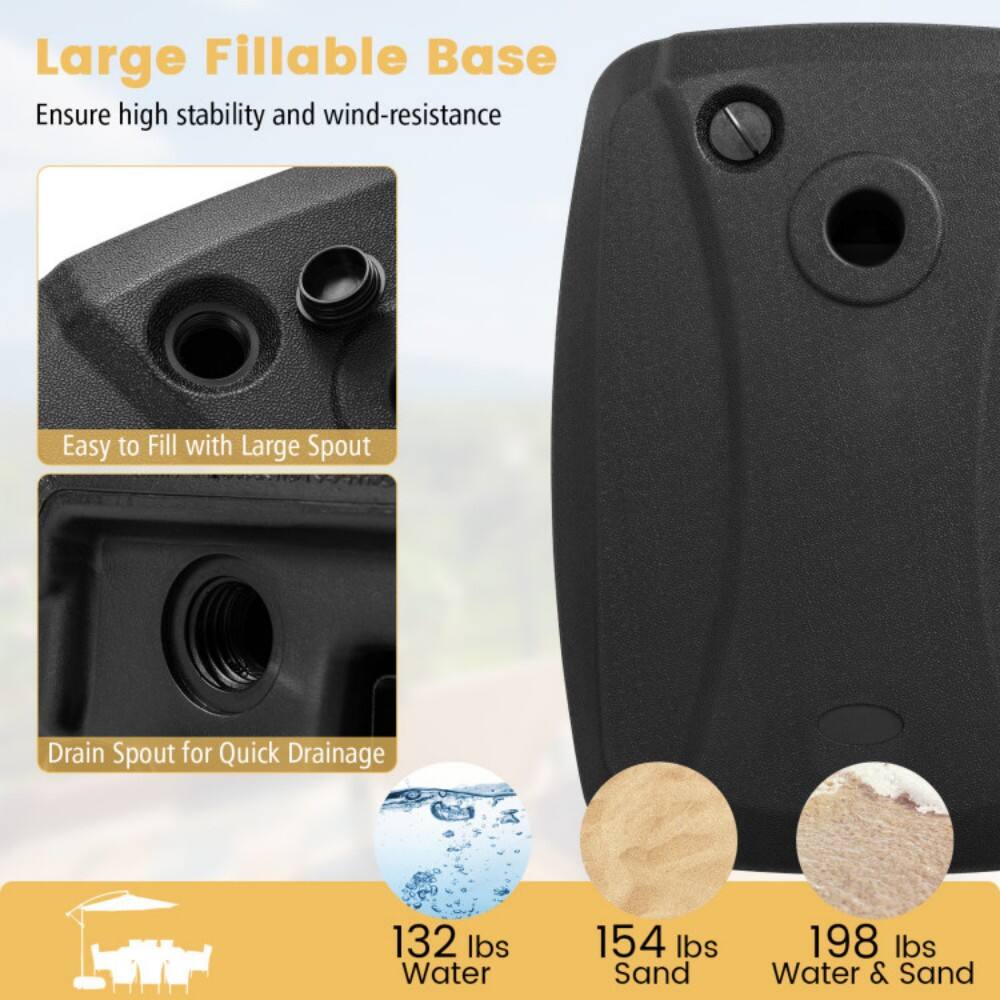 Large Fillable Base  
Ensure high stability and wind-resistance  

Easy to Fill with Large Spout  
Drain Spout for Quick Drainage  

132 lbs Water  
154 lbs Sand  
198 lbs Water & Sand