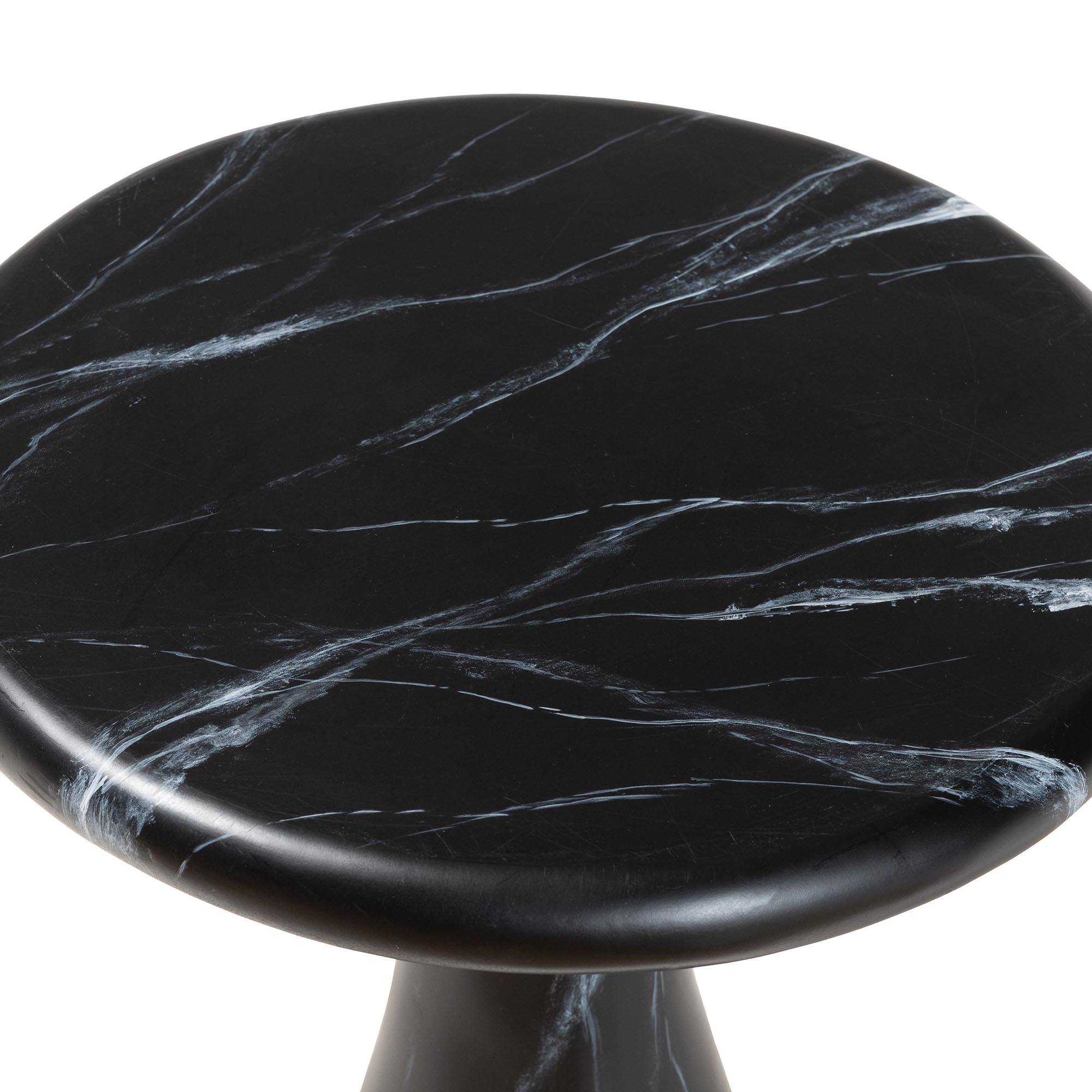 Left. bali & pari - Aponi Marbled Resin End Table - Sculptural Side Table with Round Top and Pedestal Base, Black - Black.
