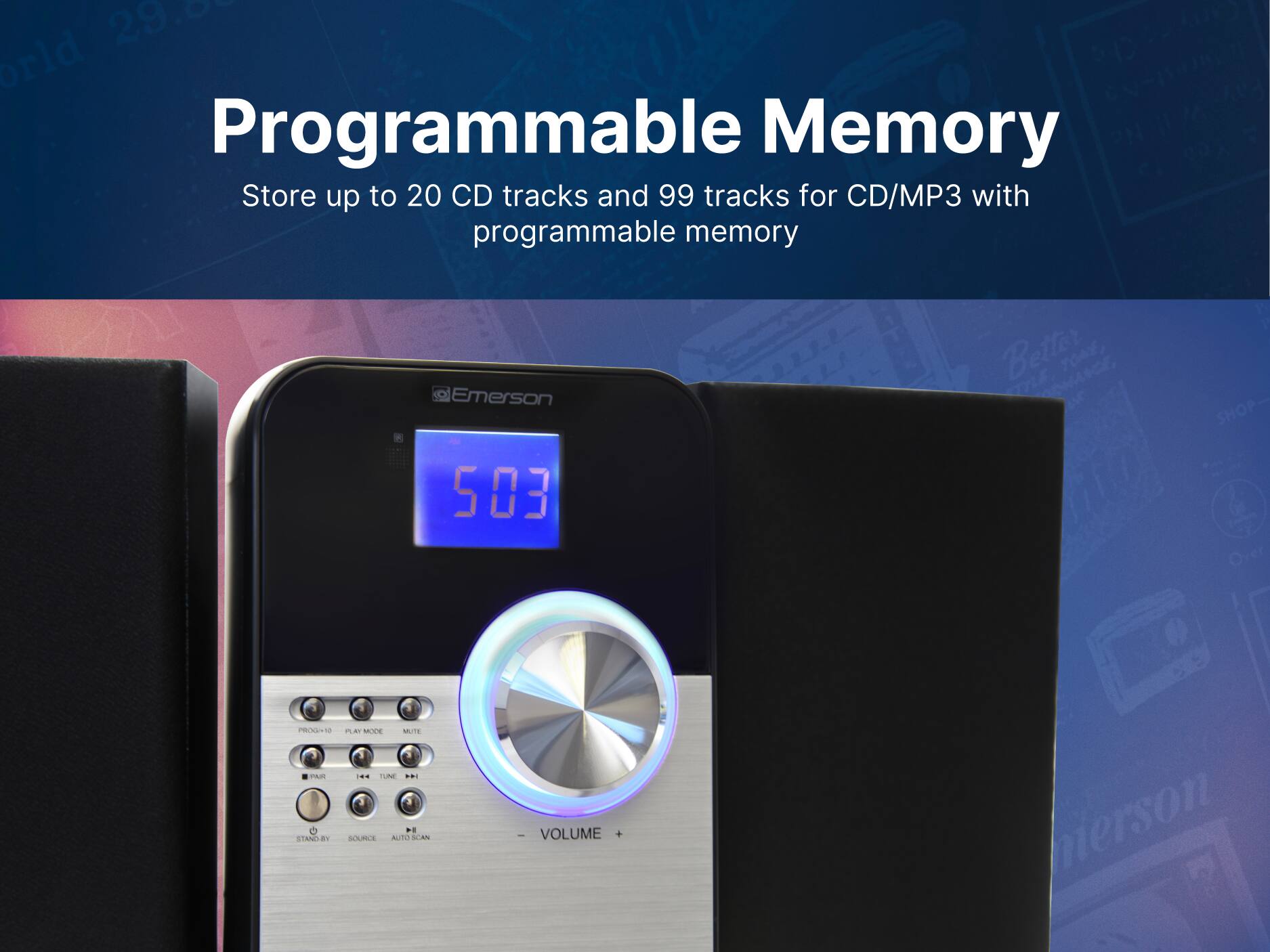 Programmable Memory Store up to 20 CD tracks and 99 tracks for CD/MP3 with programmable memory Emerson 503