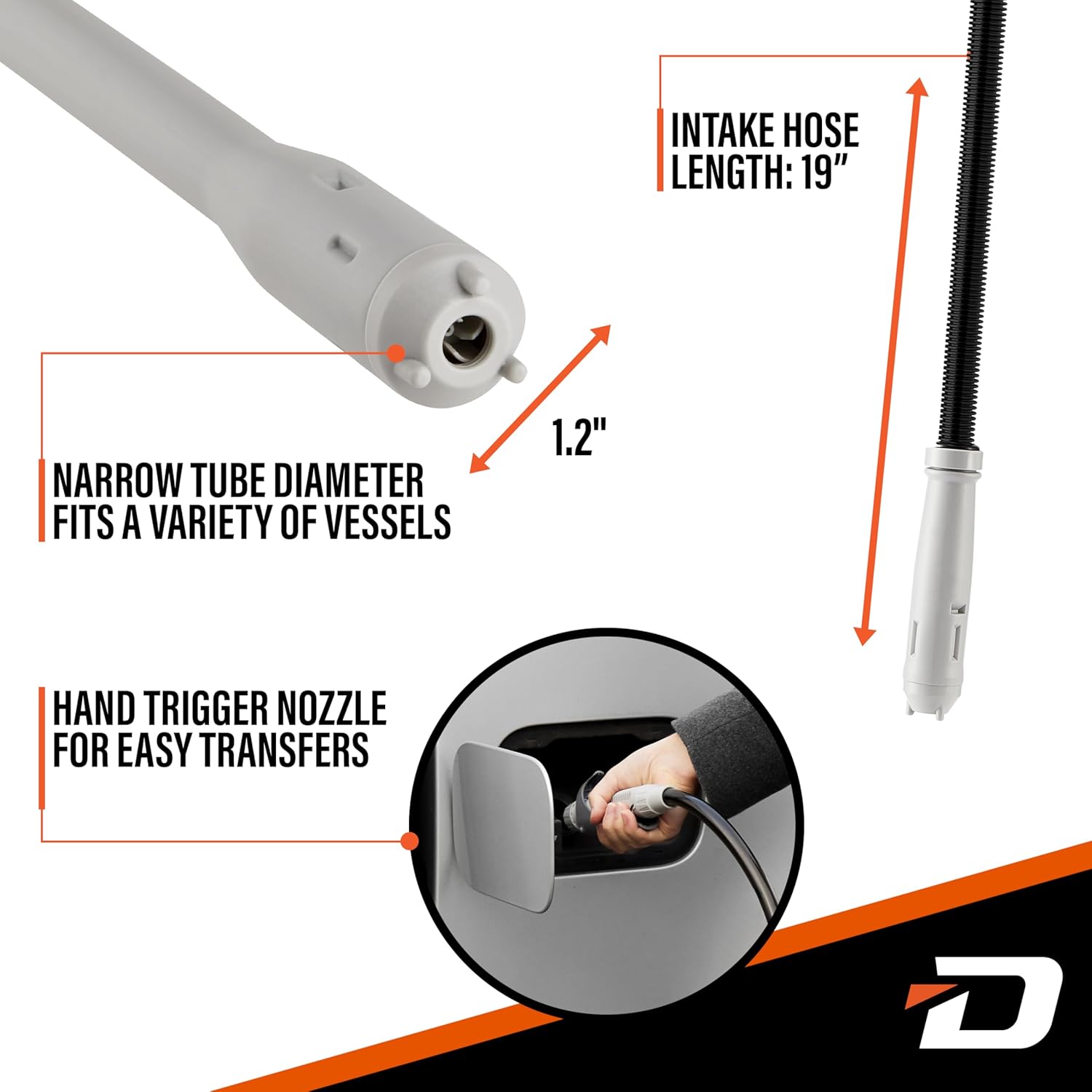 INTAKE HOSE LENGTH: 19"  
NARROW TUBE DIAMETER FITS A VARIETY OF VESSELS  
1.2" HAND TRIGGER NOZZLE FOR EASY TRANSFERS