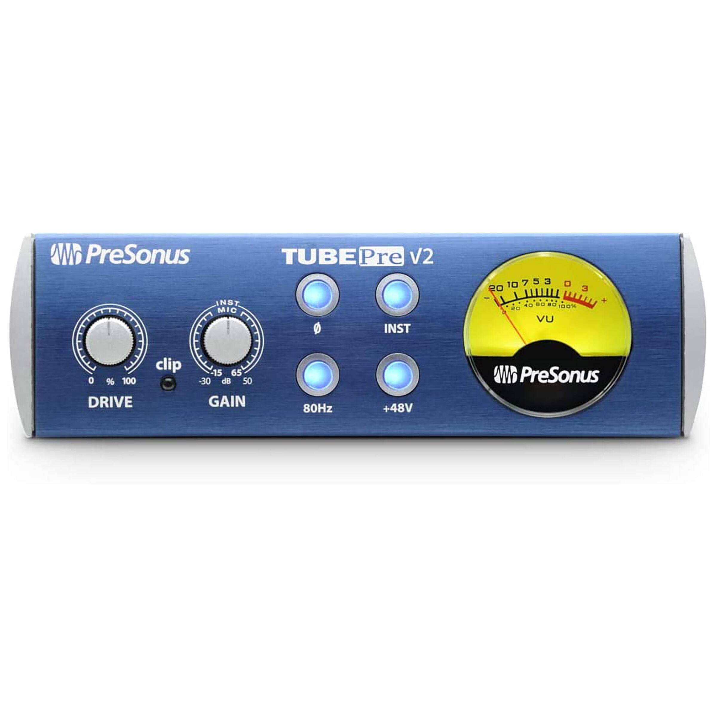 PreSonus TUBE Pre V2  
INST MIC FXT  
0 INST clip -15 65 0 % 100 -30 da 50  
DRIVE GAIN 80Hz +48V  
20 10 7 5 3 0 3  
VU  
PreSonus