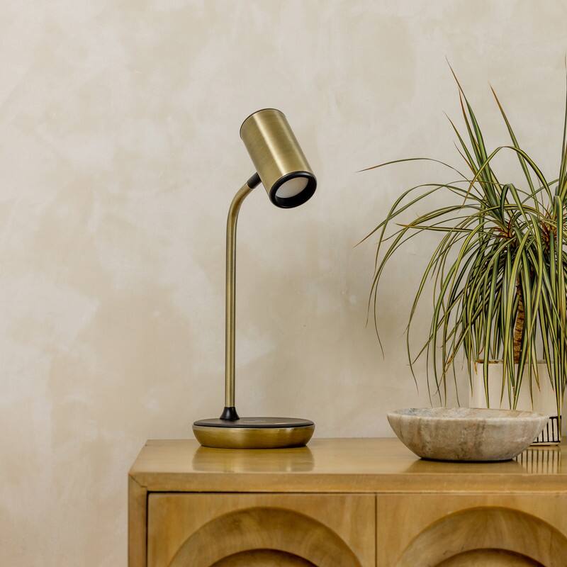 Alt View 5. Brightech - Ezra LED Modern Industrial Arc Dimmable Bedside Nightstand Desk Lamp with Wireless Charging Pad - Antiqued Brass.