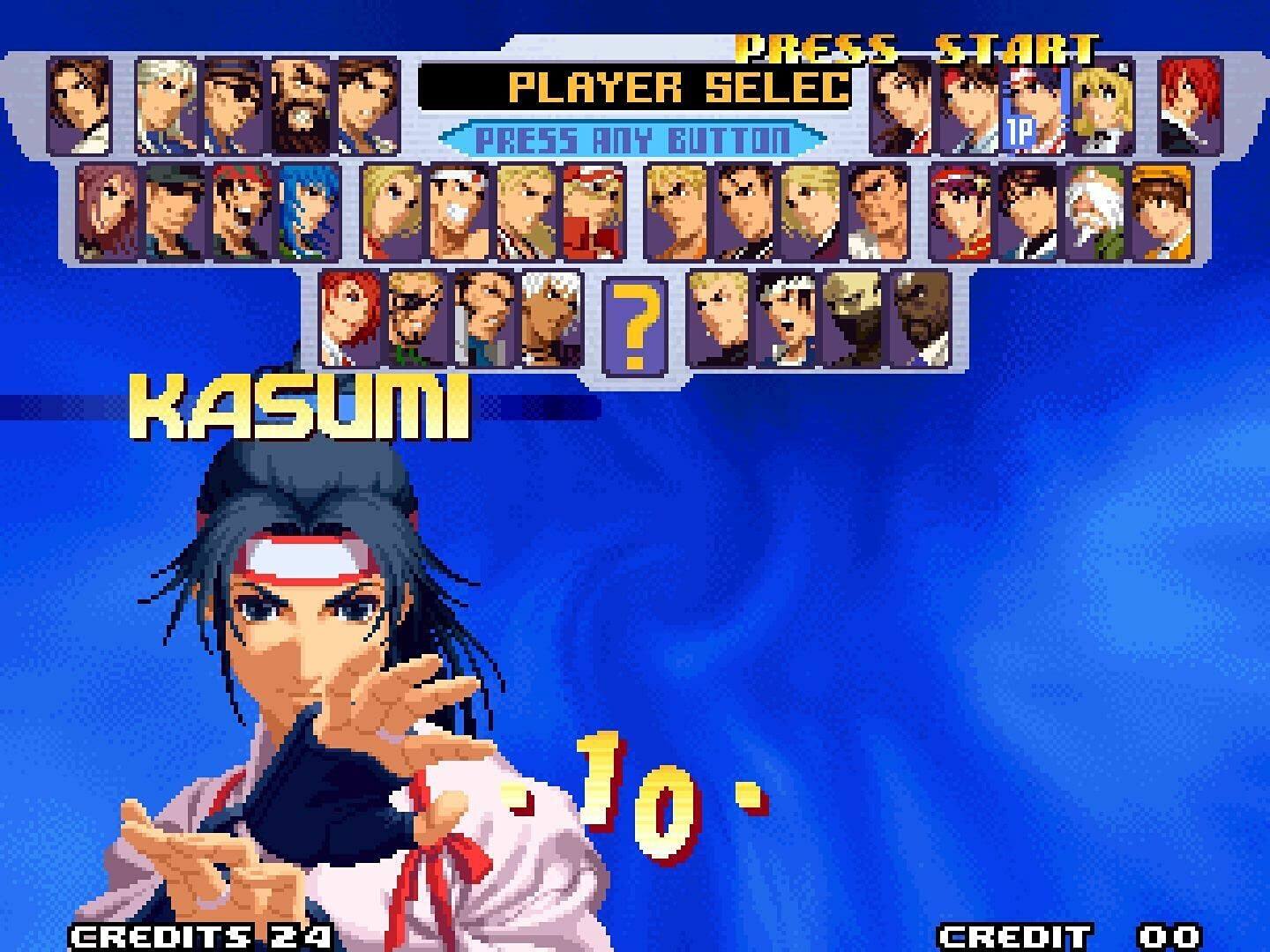 PRESS START PLAYER SELECT PRESS ANY BUTTON

KASUMI

CREDITS 24

CREDIT 00

1P