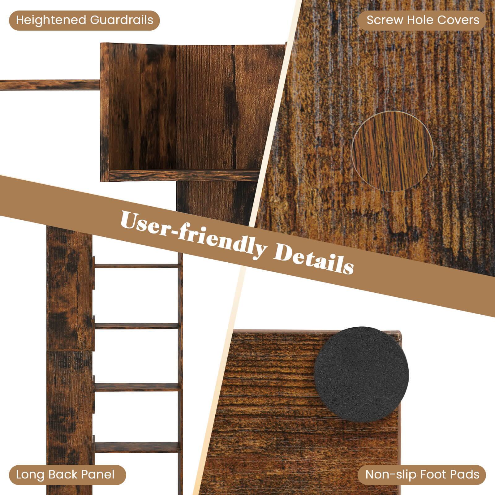 The text on the image is grouped and corrected as follows:

1. Heightened Guardrails
2. Screw Hole Covers
3. User-friendly Details
4. Long Back Panel
5. Non-slip Foot Pads