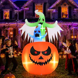 Wisairt - 6ft Inflatable Ghost Pumpkin with Flashing LED Lights - Outdoor Halloween Decor - Green|White|Red
