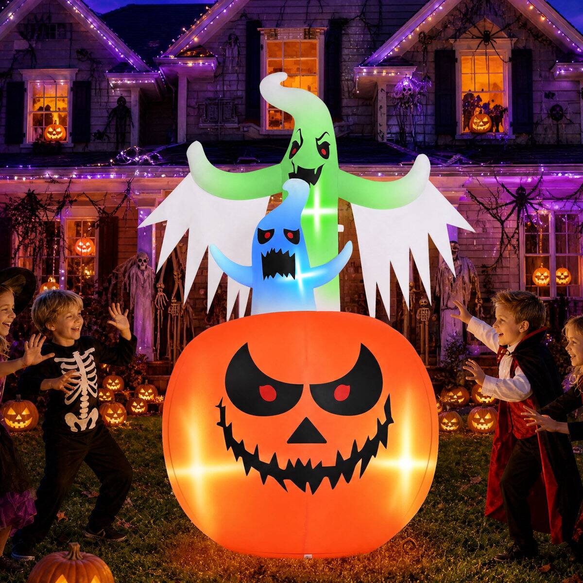 Wisairt - 6ft Inflatable Ghost Pumpkin with Flashing LED Lights - Outdoor Halloween Decor - Green|White|Red