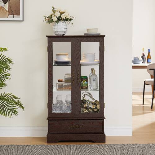 Angle. LUCKY ONE - 25.98in Freestanding Lighted Glass Curio Cabinet with Drawer and Adjustable Shelves for Collectibles - Cherry.