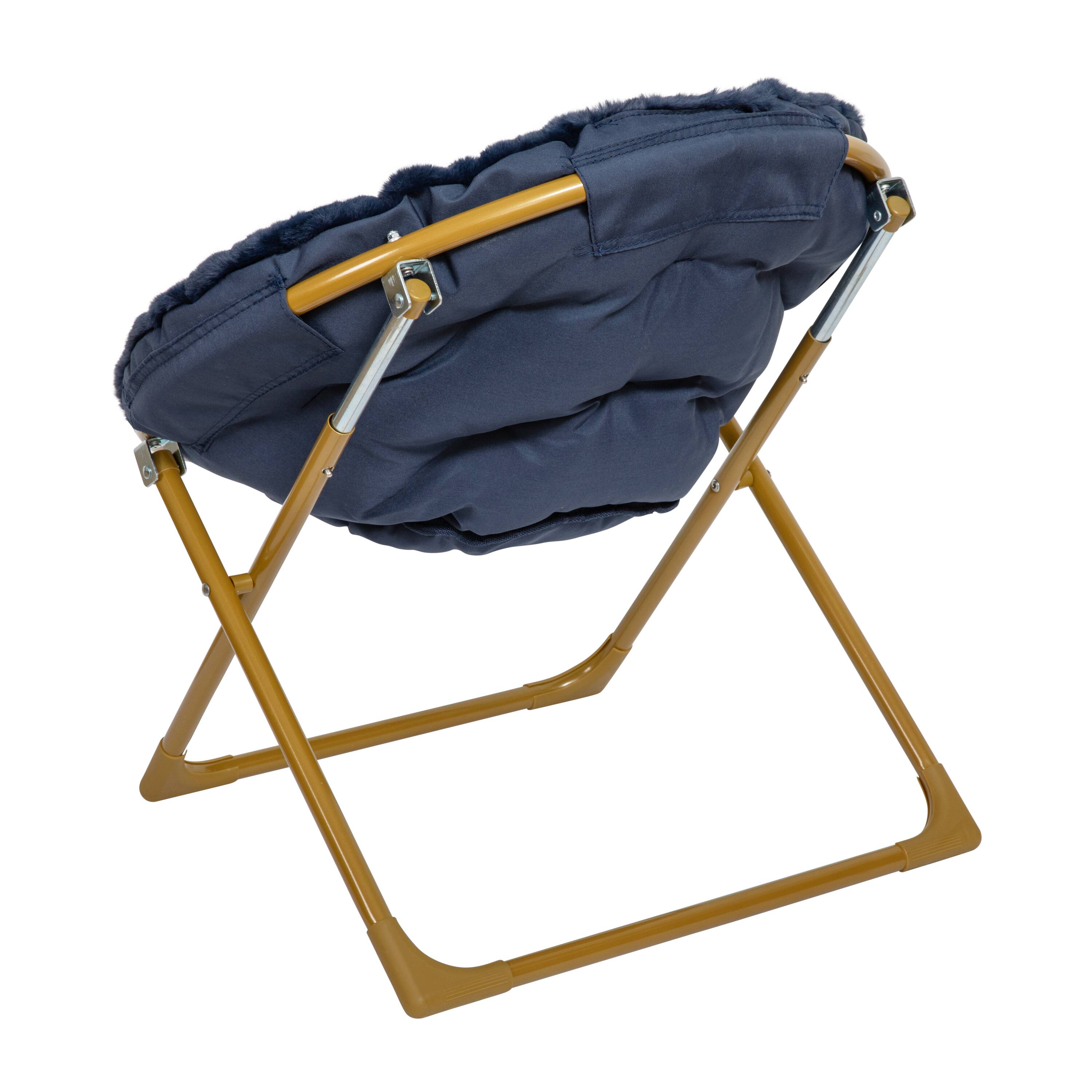 Alt View 7. Emma + Oliver - Io Kid's Folding Saucer Chair with Cozy Faux Fur Upholstery and Metal Frame for Playroom, Bedrooms, Nursery and More - Navy Faux Fur/Soft Gold Frame.