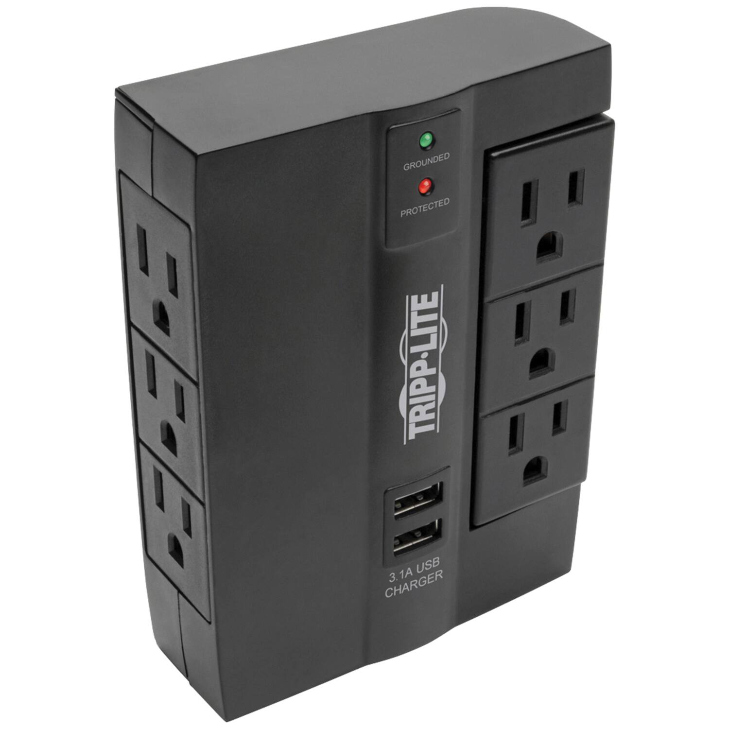 Tripp Lite - By Eaton 3-ac Swiveling Outlet, 3-ac Fixed Outlet, And 2-usb Port, Surge Protector Wall Tap - Black