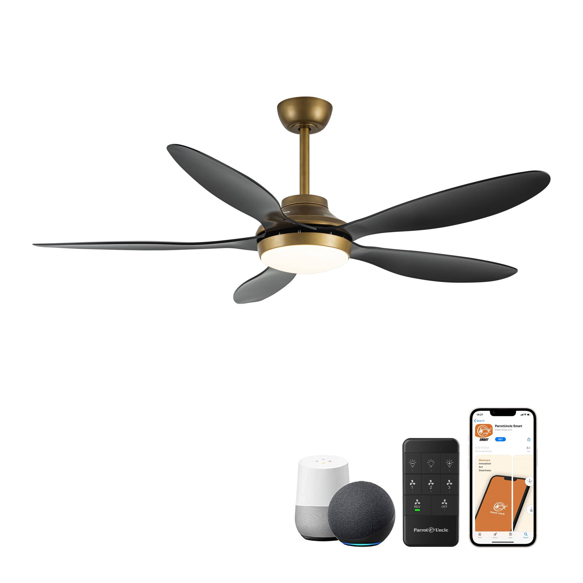 Front. Parrot Uncle - 52" Antique Brass Smart Ceiling Fan with Light and Remote, App Control, Voice Control - Black.