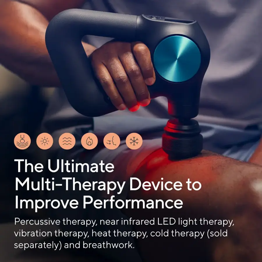 The Ultimate Multi-Therapy Device to Improve Performance: Percussive therapy, near infrared LED light therapy, vibration therapy, heat therapy, cold therapy (sold separately), and breathwork.