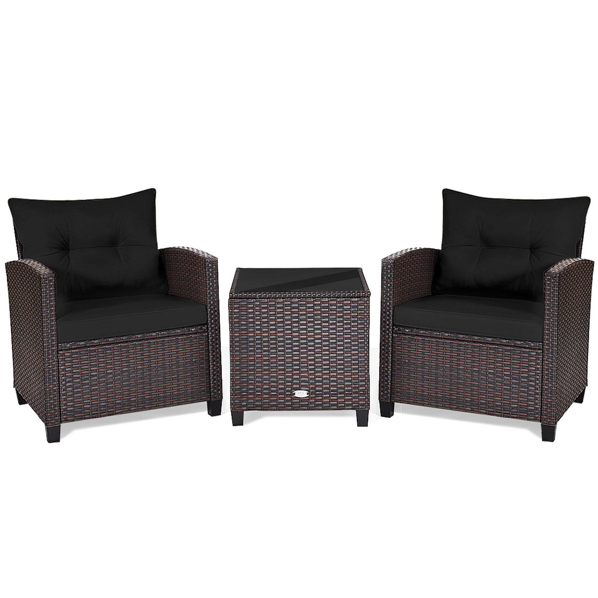 Alt View 9. Gymax - Gymax 3PCS Outdoor Patio Rattan Conversation Set Garden Yard w/ Black Cushions - Mix Brown.