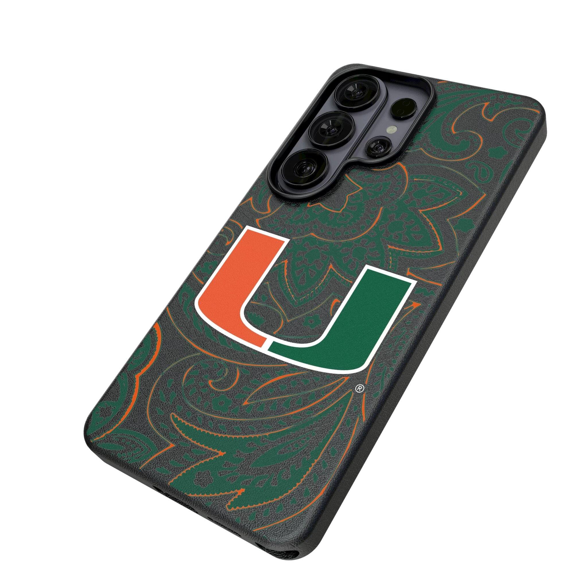 Alt View 1. Keyscaper - Miami Hurricanes Paisley Galaxy Magnetic Bump Case - S25 - Black.