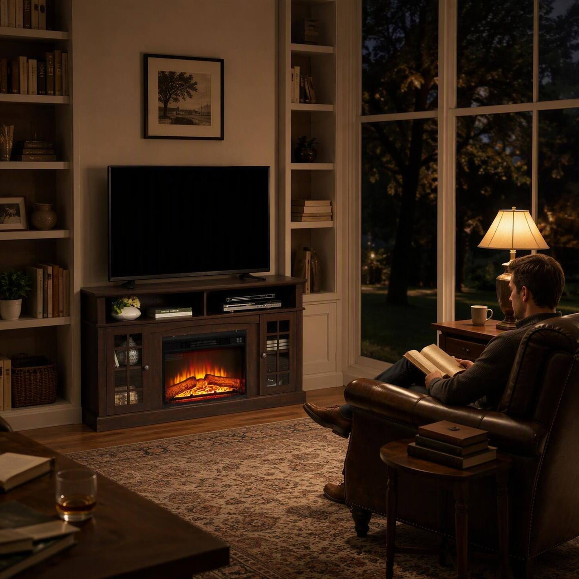 Left. RYHNUYNE - Espresso Finished Media Console with Built-In 1400W Electric Fireplace, Fits TVs up to 65 Inches - Espresso.