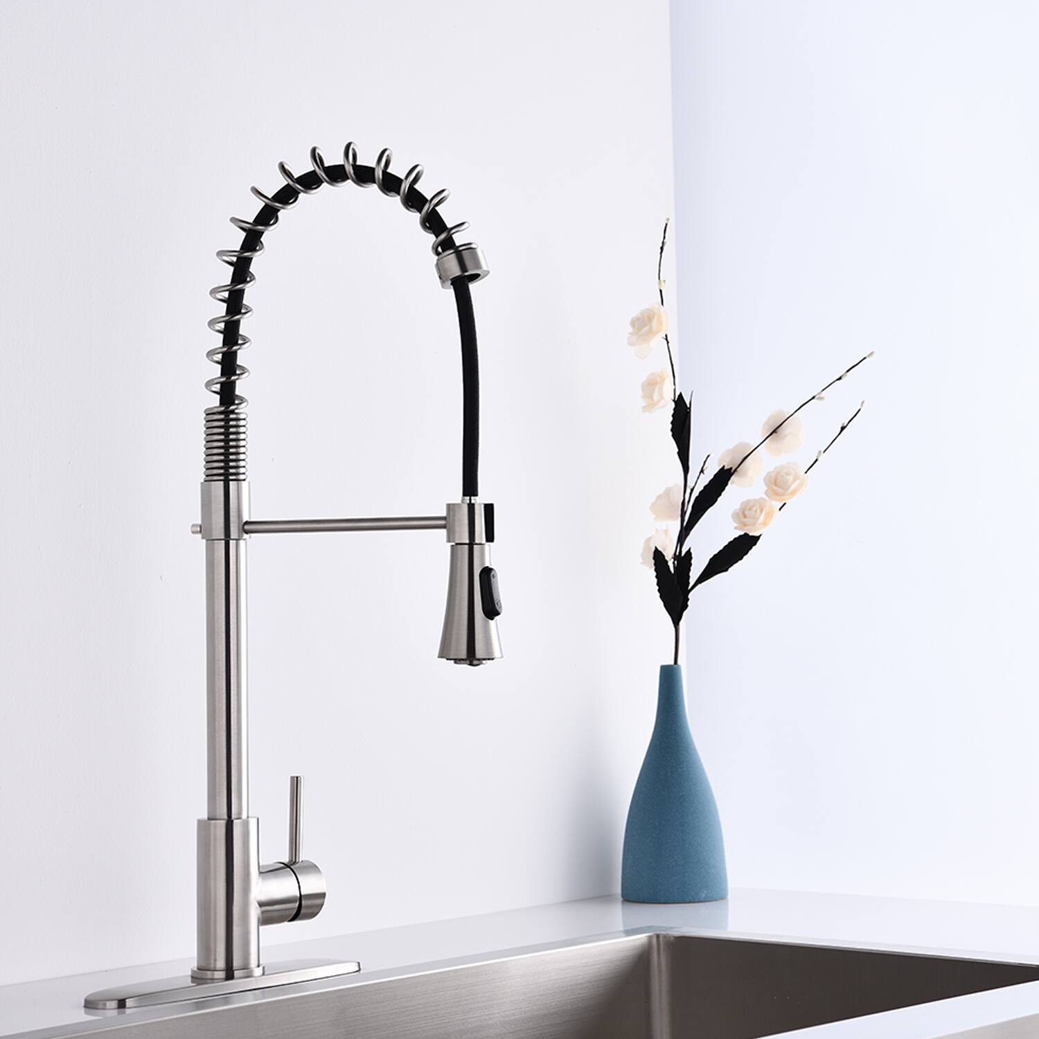 Alt View 2. APRILSOUL - Commercial Modern Single Handle Spring High Arc Kitchen Faucet Brushed Nickel - Brushed Nickel.