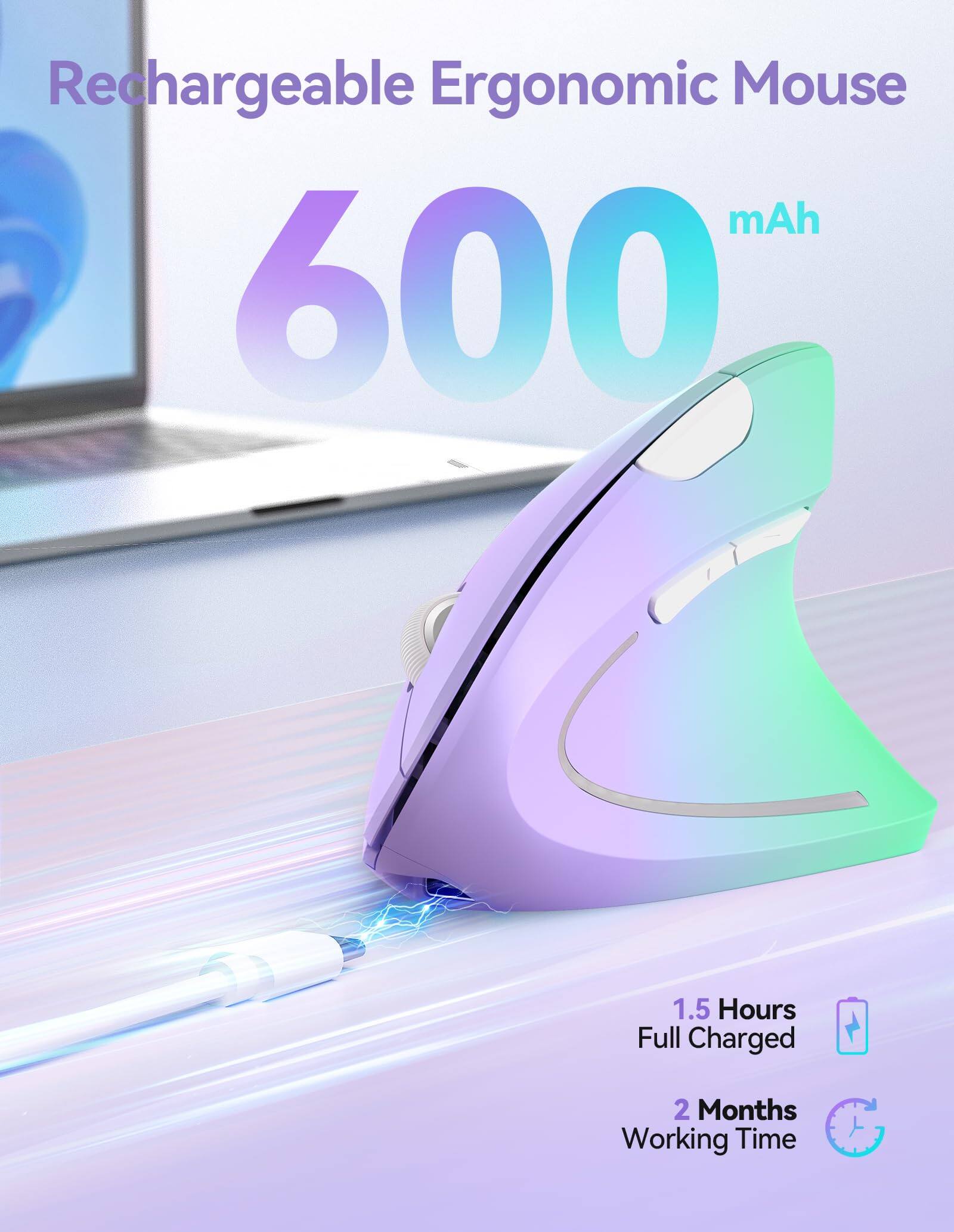 Rechargeable Ergonomic Mouse  
600 mAh  
1.5 Hours Full Charged  
2 Months Working Time