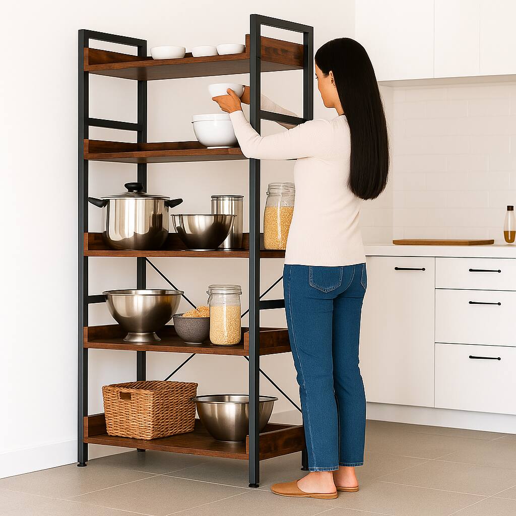 Angle. Hivvago - Industrial-Style 5-Shelf Book Rack with Hooks for Extra Storage - Rustic Brown.