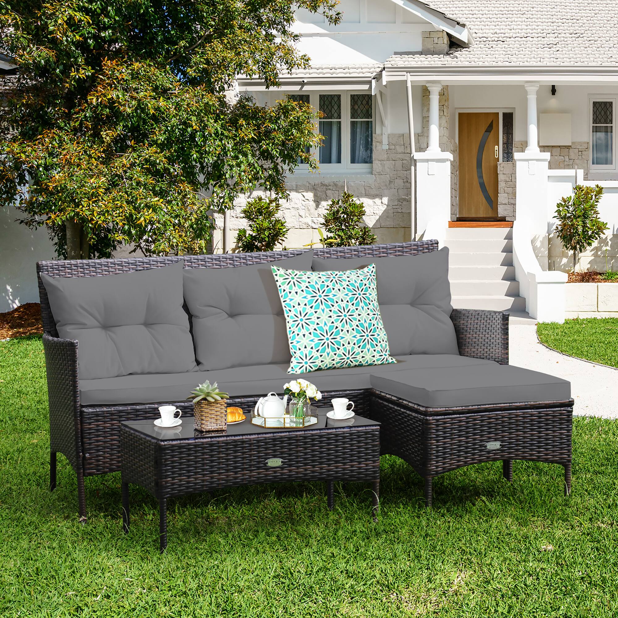 Alt View 1. Costway - Costway 3PCS Patio Rattan Furniture Set 3-Seat Sofa Cushioned Table Garden - Gray.