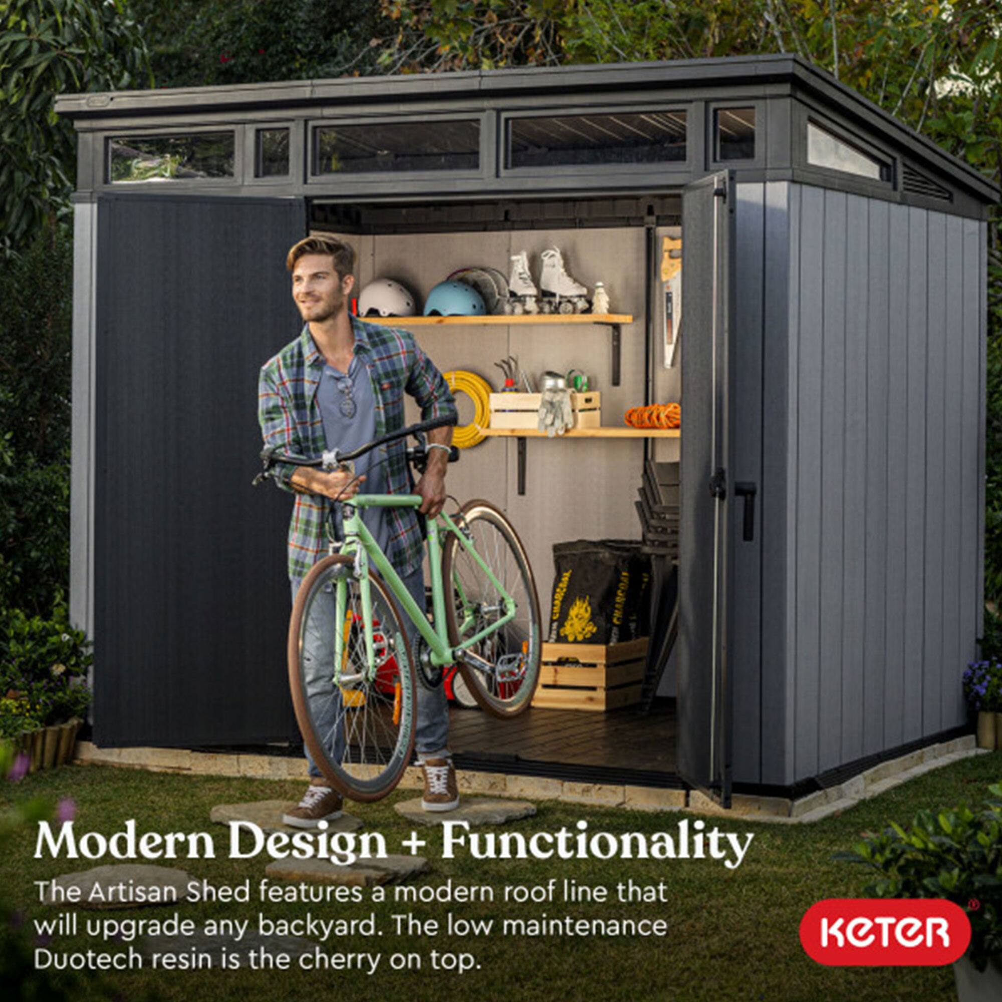 Modern Design + Functionality  
The Artisan Shed features a modern roof line that will upgrade any backyard. The low maintenance Keter Duotech resin is the cherry on top.