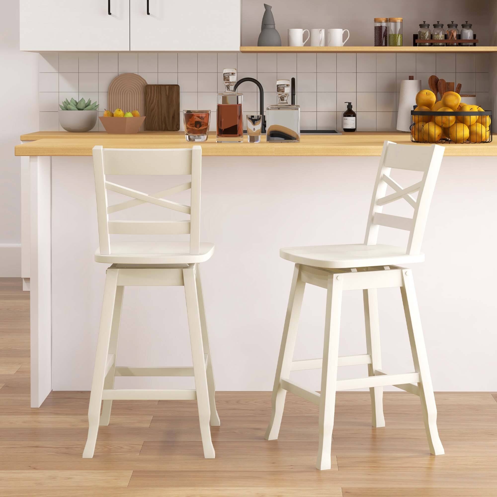 Alt View 1. Costway - 2 PCS 24" Counter Height Stool Rubber Wood Swivel Bar Stool with Inclined Backrest Cream - White.