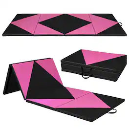 Pefilos - 4-Panel PU Leather Folding Exercise Gym Mat with Hook and Loop Fasteners- Pink, Folding Thick Exercise Yoga Mat - Black