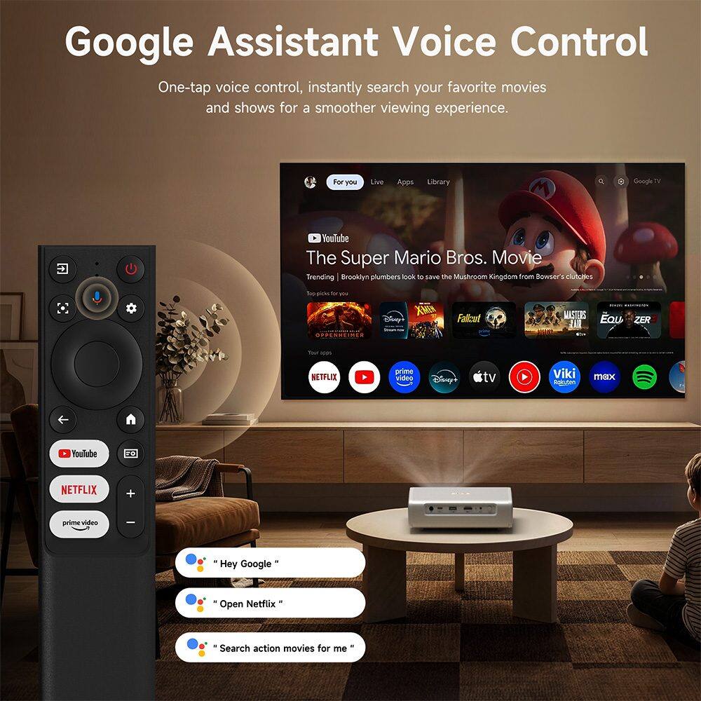Google Assistant Voice Control  
One-tap voice control, instantly search your favorite movies and shows for a smoother viewing experience.

For you  
Live  
Apps Library

Q.  
Google TV

YouTube  
The Super Mario Bros. Movie  
Trending | Brooklyn plumbers look to save the Mushroom Kingdom from Bowser's clutches

Top picks for you  
Disney's OPPENHEIMER  
Fallout  
MASTERS EARTH  
Eau ZER

Your apps  
NETFLIX  
prime video  
Disney+  
Viki  
Rokuten  
max  
YouTube

20  
NETFLIX  
+  
prime video

"Hey Google"  
"Open Netflix"  
"Search action movies for me"
