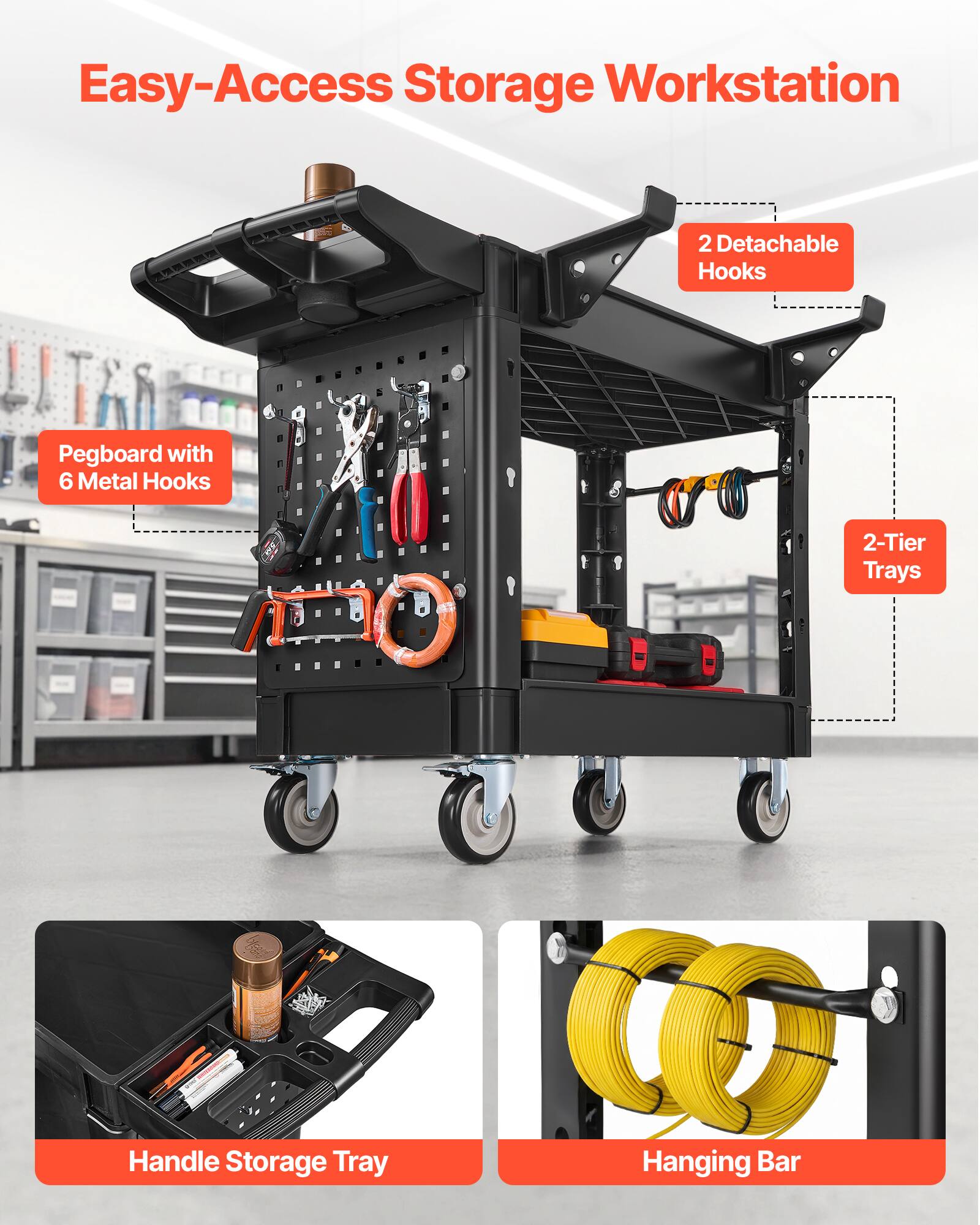 Easy-Access Storage Workstation

- 2 Detachable Hooks
- Pegboard with 6 Metal Hooks
- 2-Tier Trays
- Handle Storage Tray
- Hanging Bar