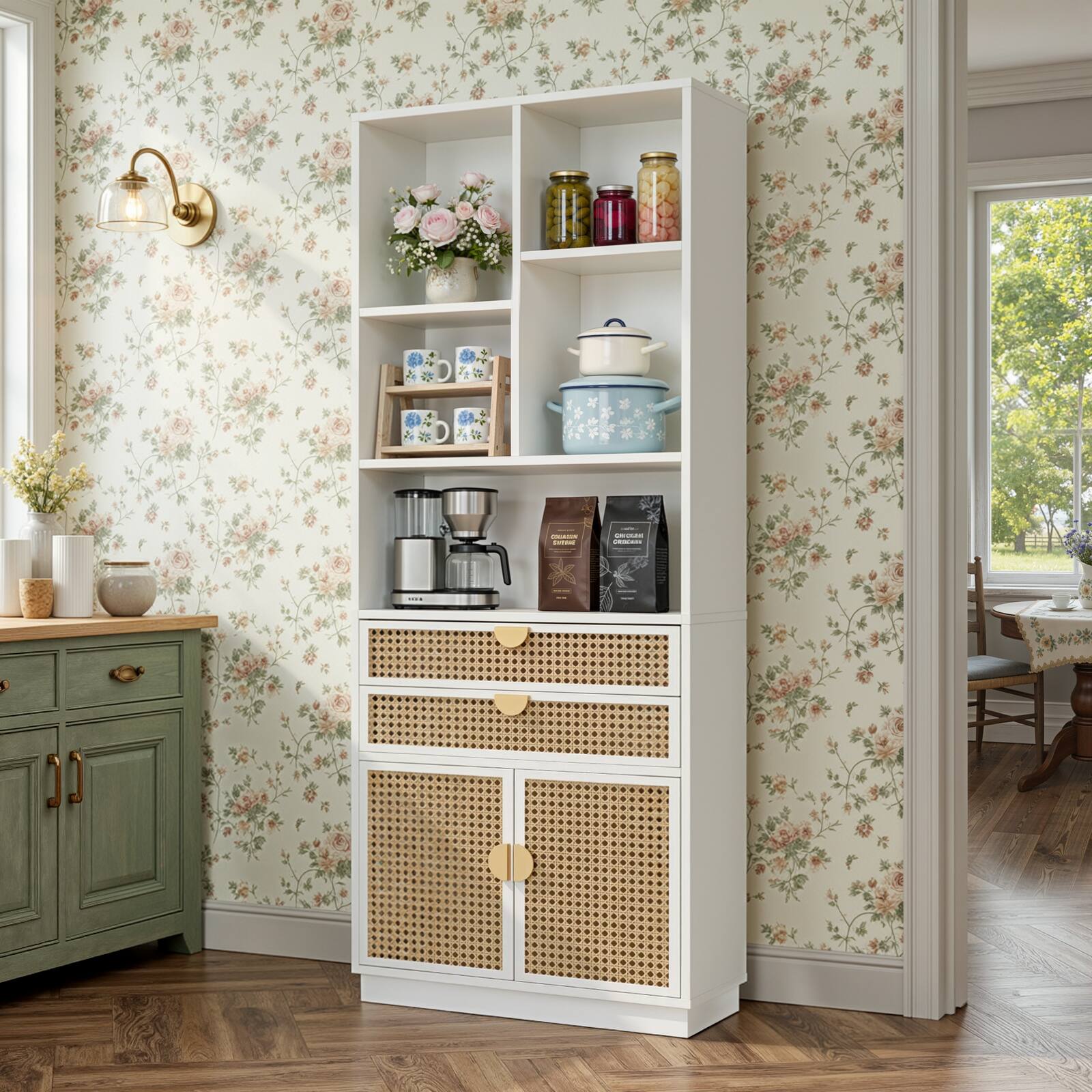 Alt View 1. ModernMate - 59 inch Tall White Rattan Bookshelf with 2 Drawers, Doors and 5 Storage Cubes - White Rattan.