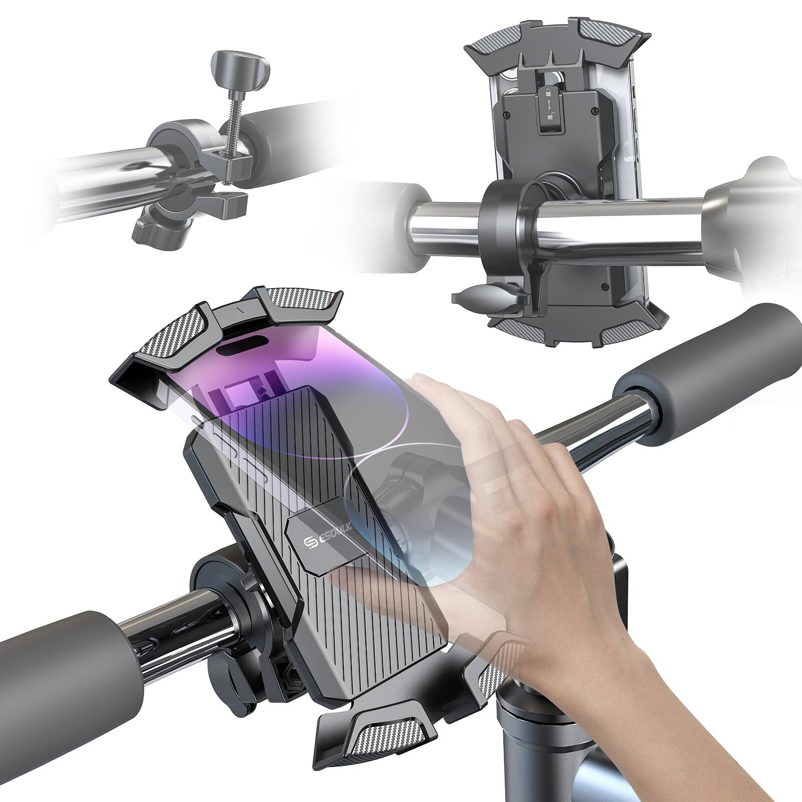 Left. Esoulk - Universal Bike Phone Mount Motorcycle Handlebar Clamp Scooter Clip for iPhone Android GPS - Black.