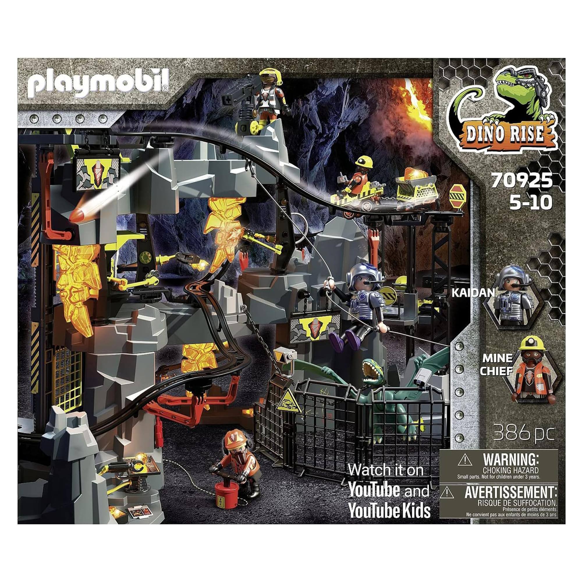 playmobil  
DINO RISE 3  
70925  
5-10  

Kaidan  
Mine Chief  

386 Pc  

WARNING:  
CHOKING HAZARD  
Small parts. Not for children under 3 years.  

AVERTISSEMENT:  
RISQUE DE SUFFOCATION  
Ne convient pas aux enfants de moins de 3 ans.  

Watch it on YouTube and YouTube Kids