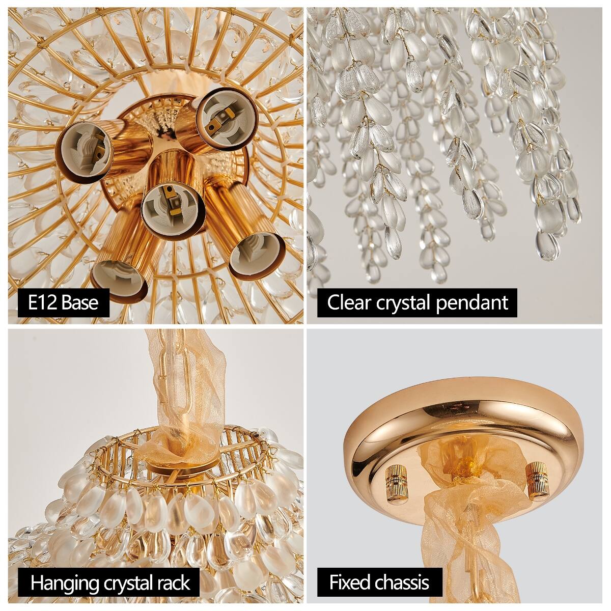 E12 Base  
Clear crystal pendant  
Hanging crystal rack  
Fixed chassis