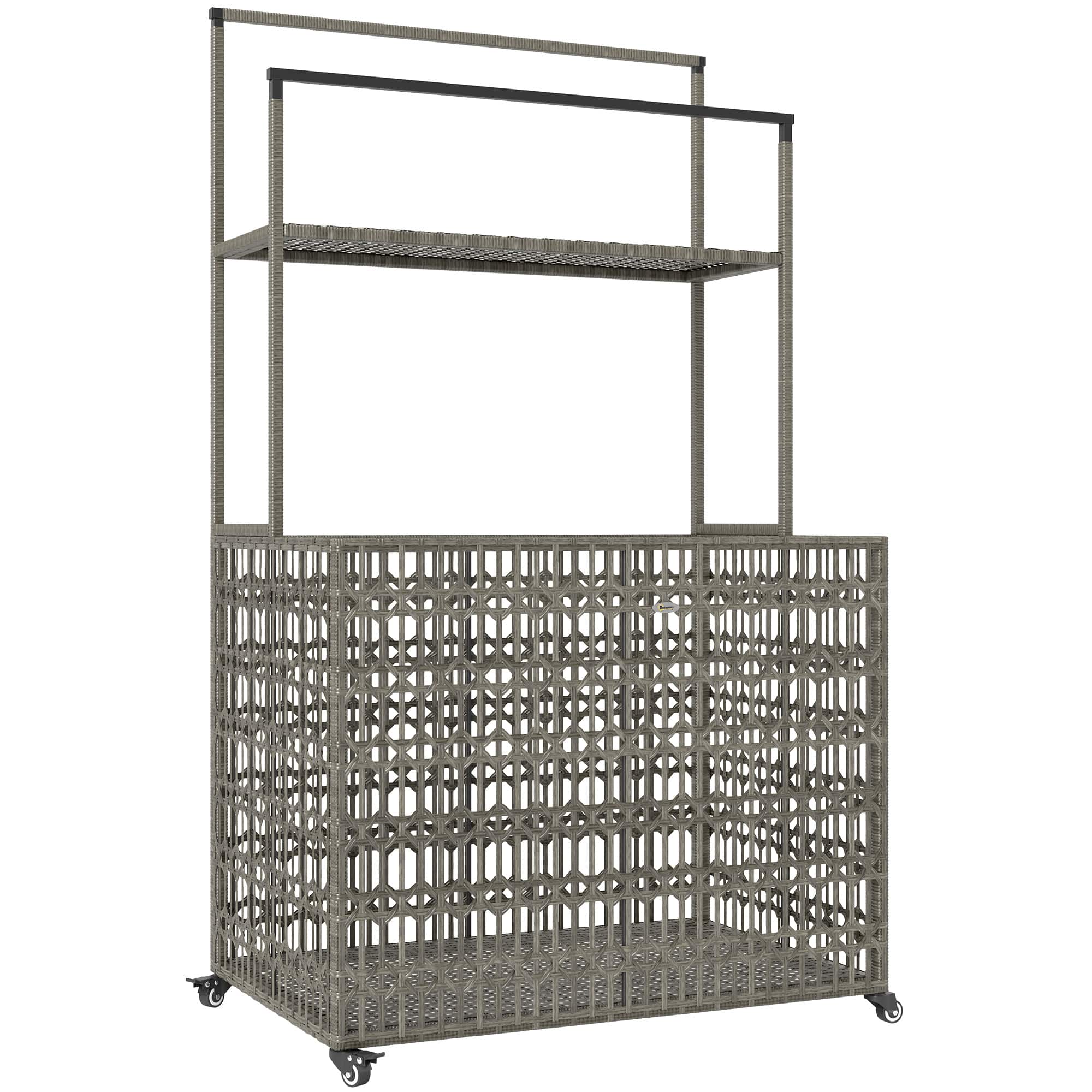 Outsunny - Wicker Pool Float Storage Organizer, PE Rattan Pool Float Holder with Basket Shelf Towel Bars, Rolling Pool Caddy - Mixed-Gray