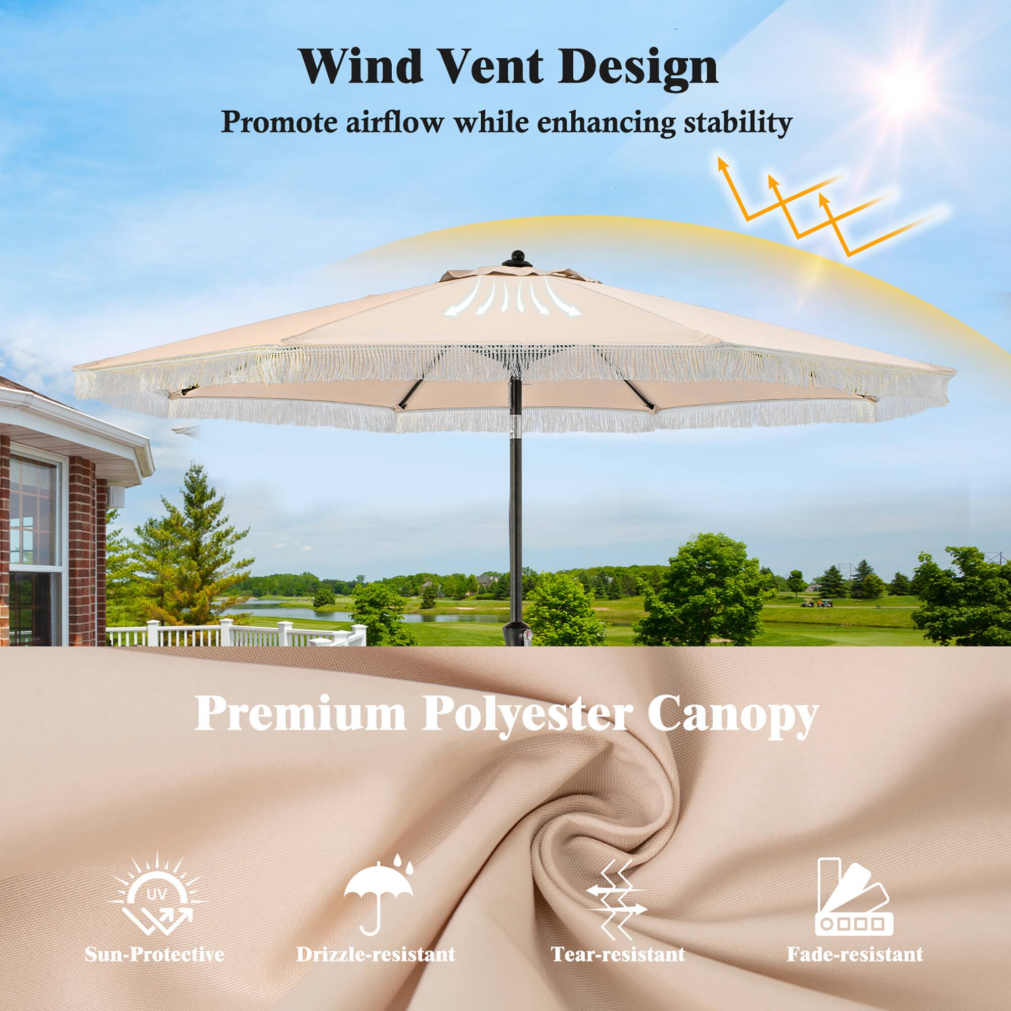 Wind Vent Design, Promote airflow while enhancing stability, Premium Polyester Canopy, UV Sun-Protective, Drizzle-resistant, Tear-resistant, Fade-resistant
