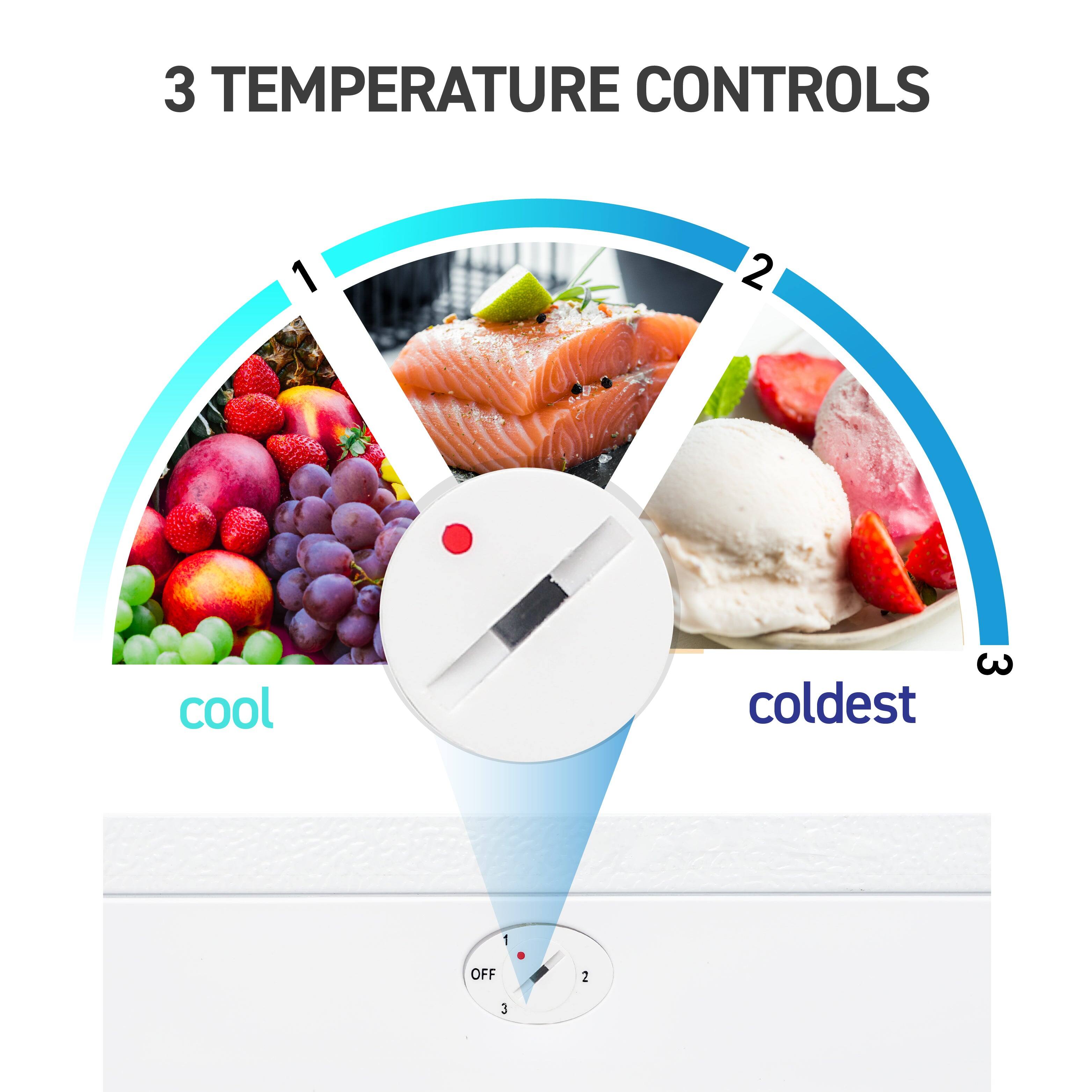 3 TEMPERATURE CONTROLS

1 cool  
2  
3 coldest  

OFF 1 2 3