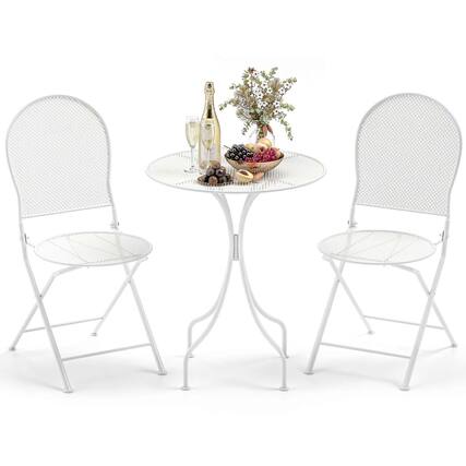 Front. Costway - Costway 3 PCS Metal Bistro Set Round Table & 2 Folding Chairs with Rattan-Like Pattern - White.
