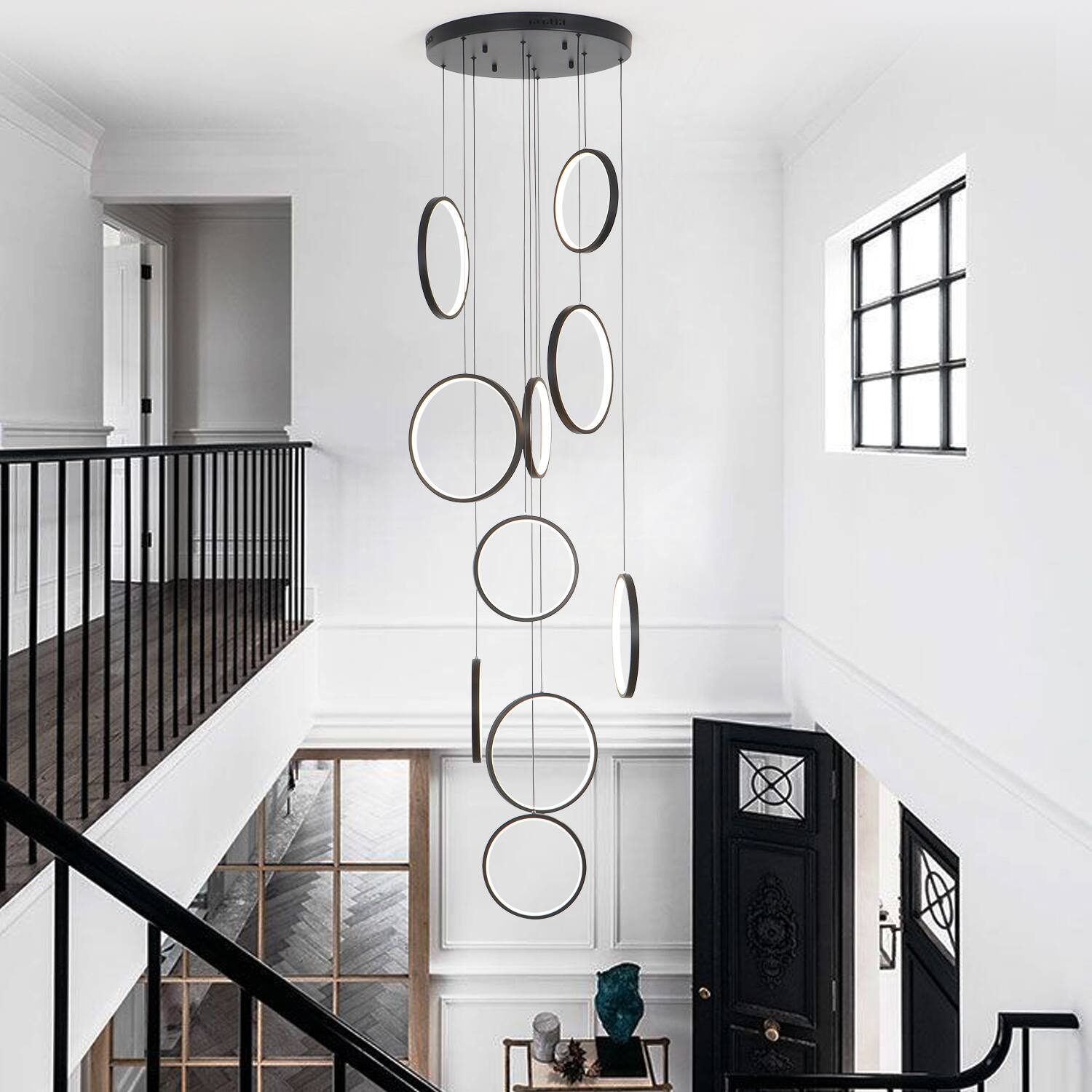 Angle. Umeiluce - 10 Lights Dimmable LED Geometric Chandelier Hanging Pendant for Staircase Stairs - Matte Black.