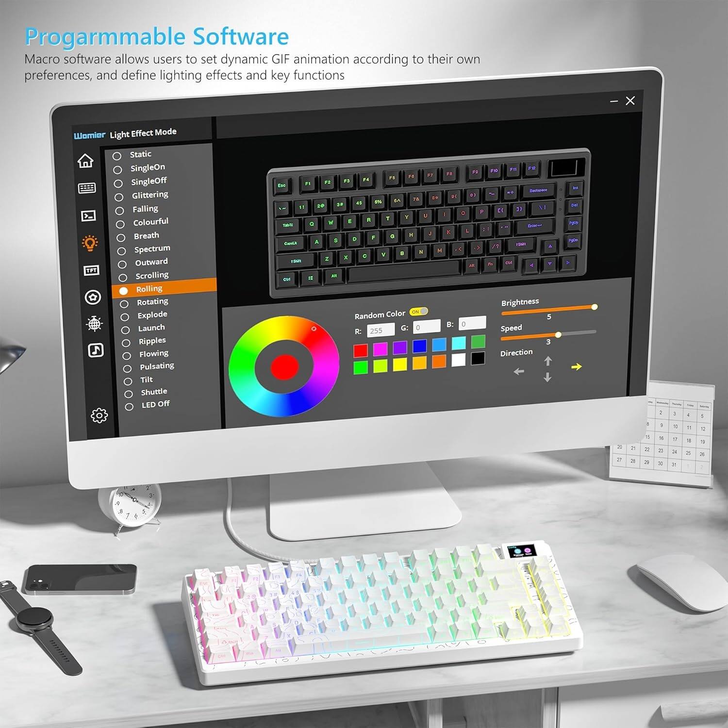 Programmable Software  
Macro software allows users to set dynamic GIF animation according to their own preferences, and define lighting effects and key functions  

Womier Light Effect Mode  
- Static  
- SingleOn  
- SingleOff  
- Glittering  
- Falling  
- Colourful  
- Breath  
- Spectrum  
- Outward  
- Scrolling  
- Rolling  
- Rotating  
- Explode  
- Launch  
- Ripples  
- Flowing  
- Pulsating  
- Tilt  
- Shuttle  
- LED off  

Brightness  
Color  
Speed  
Direction