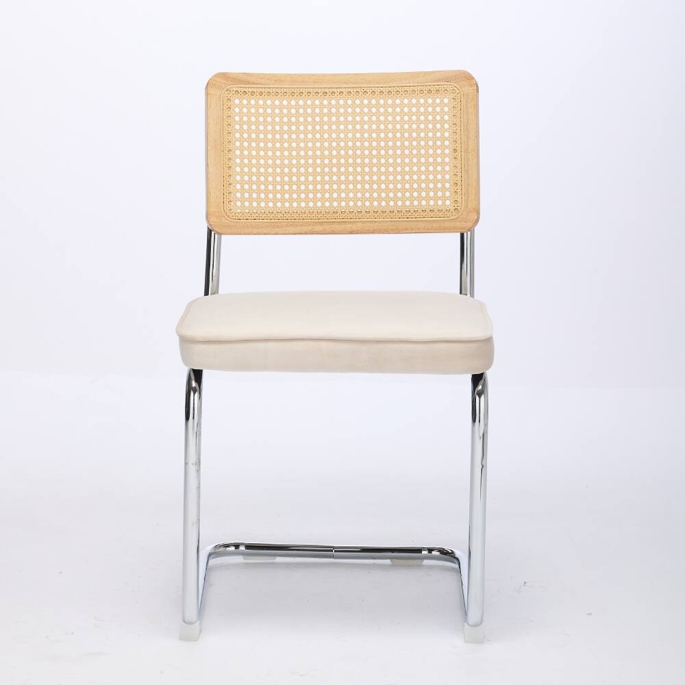 Angle. Loheer - Loheer Mid Century Modern Dining Chairs Set of 2 Beige Velvet Accent Chairs Rattan Back Cantilever Chrome Base - Beige.