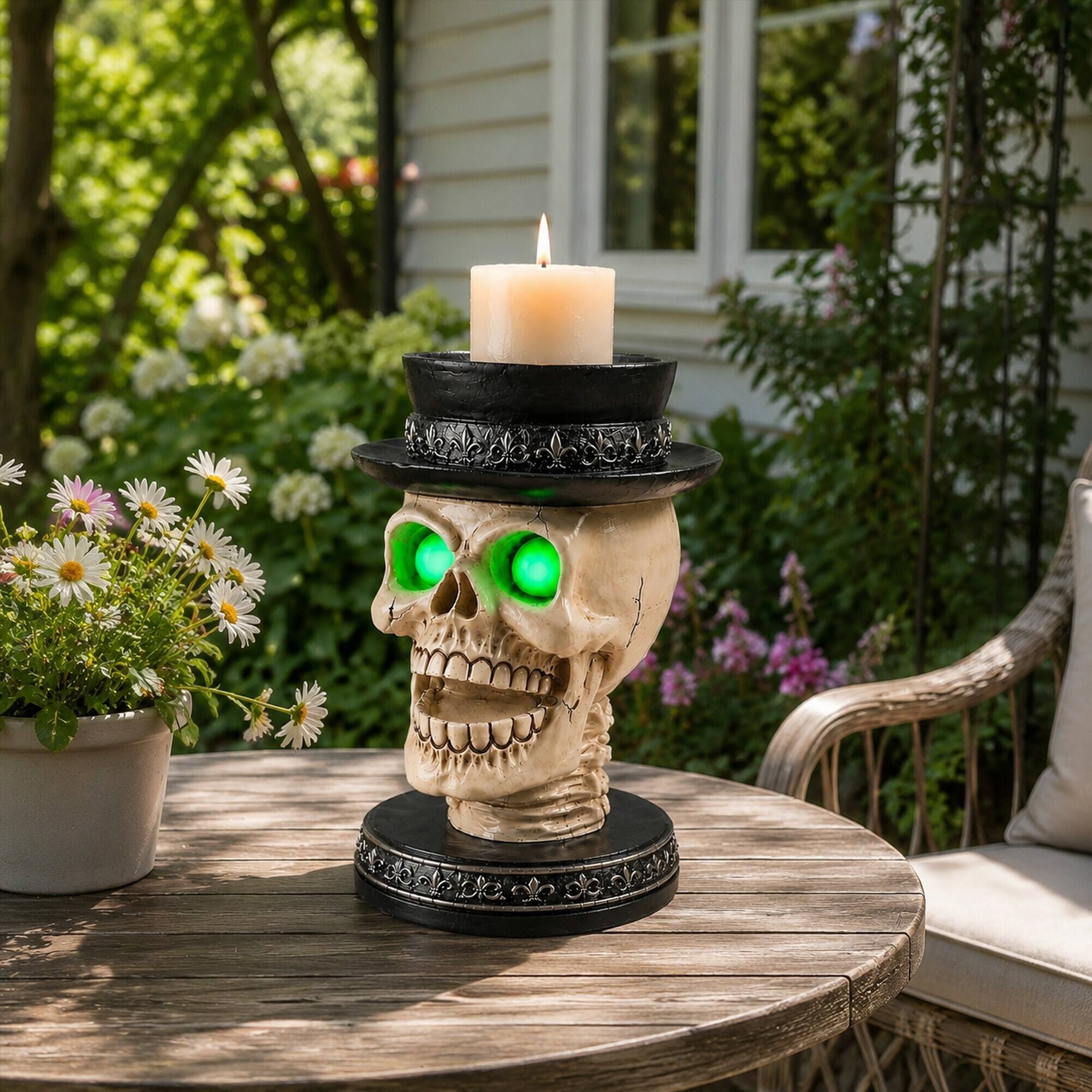 Alt View 2. RYHNUYNE - Halloween Skull Candle Holder with Glowing Green LED Eyes and Top Hat, Gothic Skeleton Statue Decor for Spooky - Black.