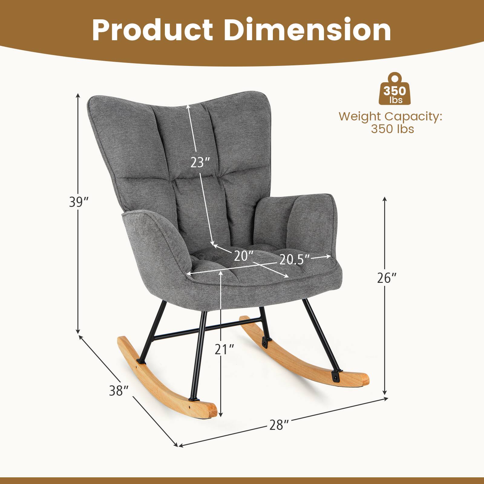 Product Dimension

Weight Capacity: 350 lbs

- Height: 39"
- Width: 38"
- Depth: 26"
- Seat Height: 21"
- Seat Depth: 20"
- Seat Width: 20.5"
- Back Height: 23"
- Armrest Height: 28"