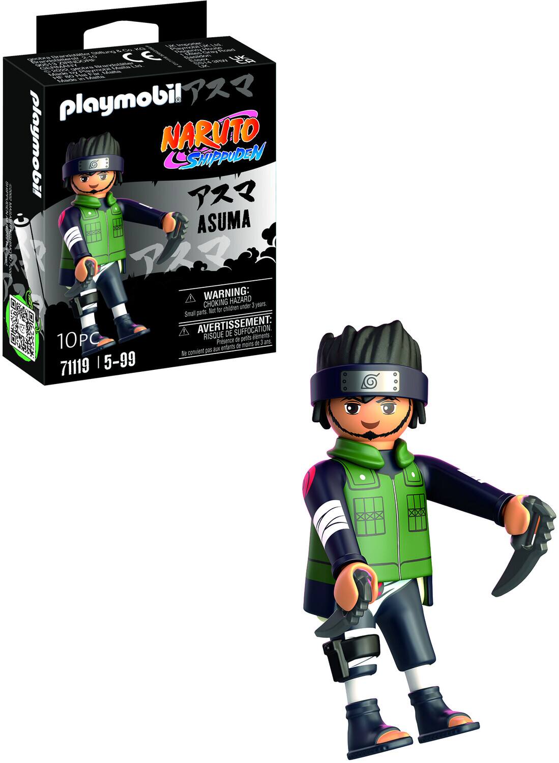 The text on the image is:
"playmobil NARUTO SHIPPUDEN ASUMA WARNING: HAZARD CHOKING children under 3 years Not for Small parts AVERTISSEMENT: DE SUFFOCATION. 10PC RISQUE de pents d'éléments Presence moins de 3 ans de convient 10S x Ne 71119 | 5-99"
Corrected and grouped:
"playmobil NARUTO SHIPPUDEN ASUMA WARNING: HAZARD CHOKING children under 3 years Not for Small parts AVERTISSEMENT: DE SUFFOCATION. 10PC RISQUE de petits éléments. Presence moins de 3 ans de convient 10S x Ne 71119 | 5-99"