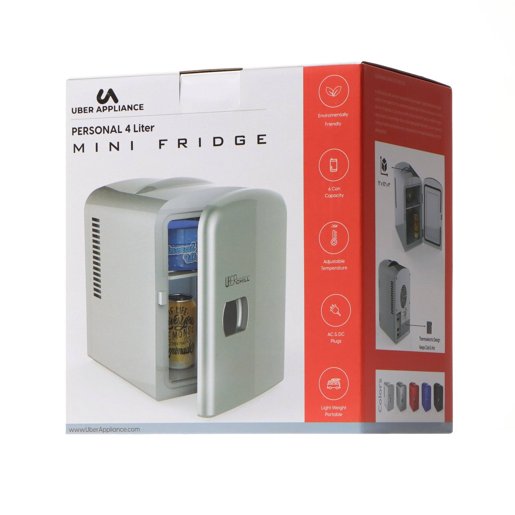 UBER APPLIANCE PERSONAL 4 Liter MINI FRIDGE Environmentally Friendly 6 Con Capacity Adjustable Temperature LIFE. WesleU EMONSE ruemado www.UberAppliance.com AC & DC Plugs Light Weight Portable Colors
