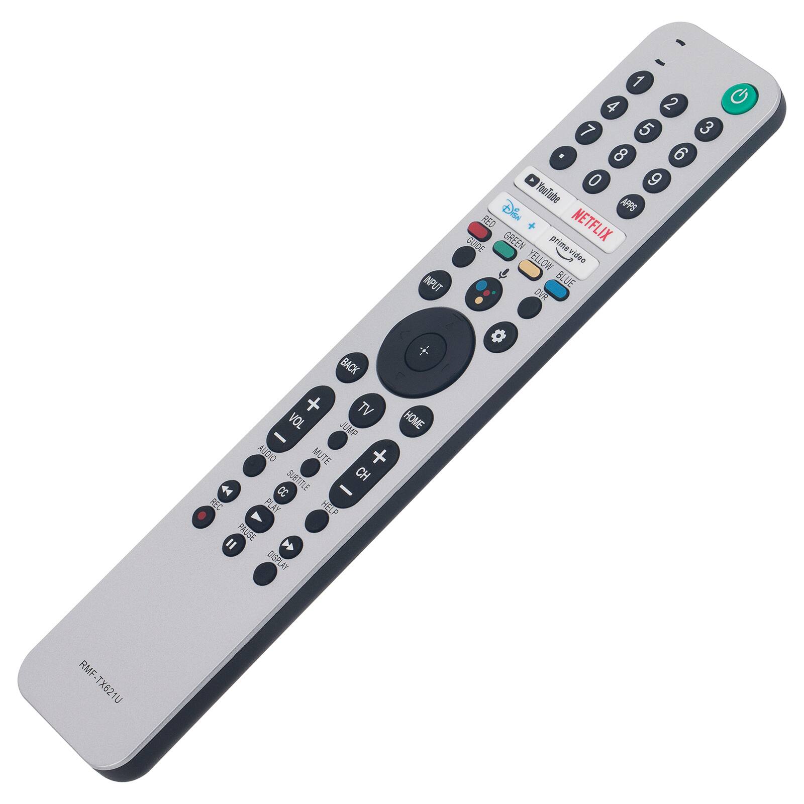 INPUT 1 4 2 G 7 5 3 8 6 0 9 YooTube APPS RED DEN GREEN prime NETFLIX DILICE YELLOW CIN video BLUE DER BACK + TV VOL JUMP HOME AUDO MUTE + SUBTITLE CH 44 CC - REC PLAY HELP PAUSE I  DISPLAY RMF. RMF-TX621U