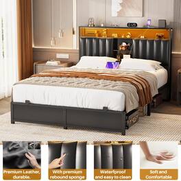 Aheaplus - Upholstered Faux Leather Bed Frame: Charging Station, Adjustable Headboard, LED Lights & Steel Slat Support - Black