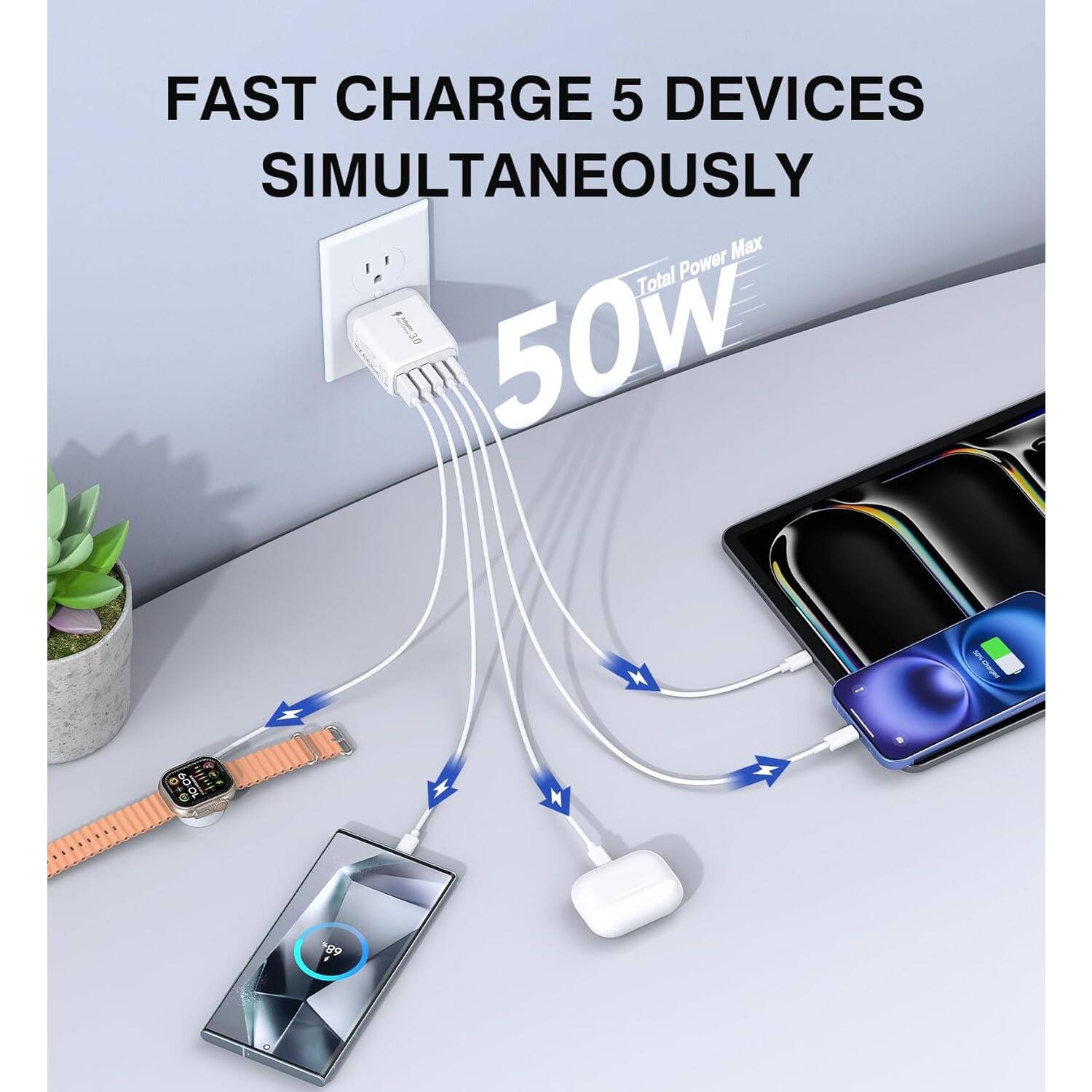FAST CHARGE 5 DEVICES SIMULTANEOUSLY

Total Power Max 50W
