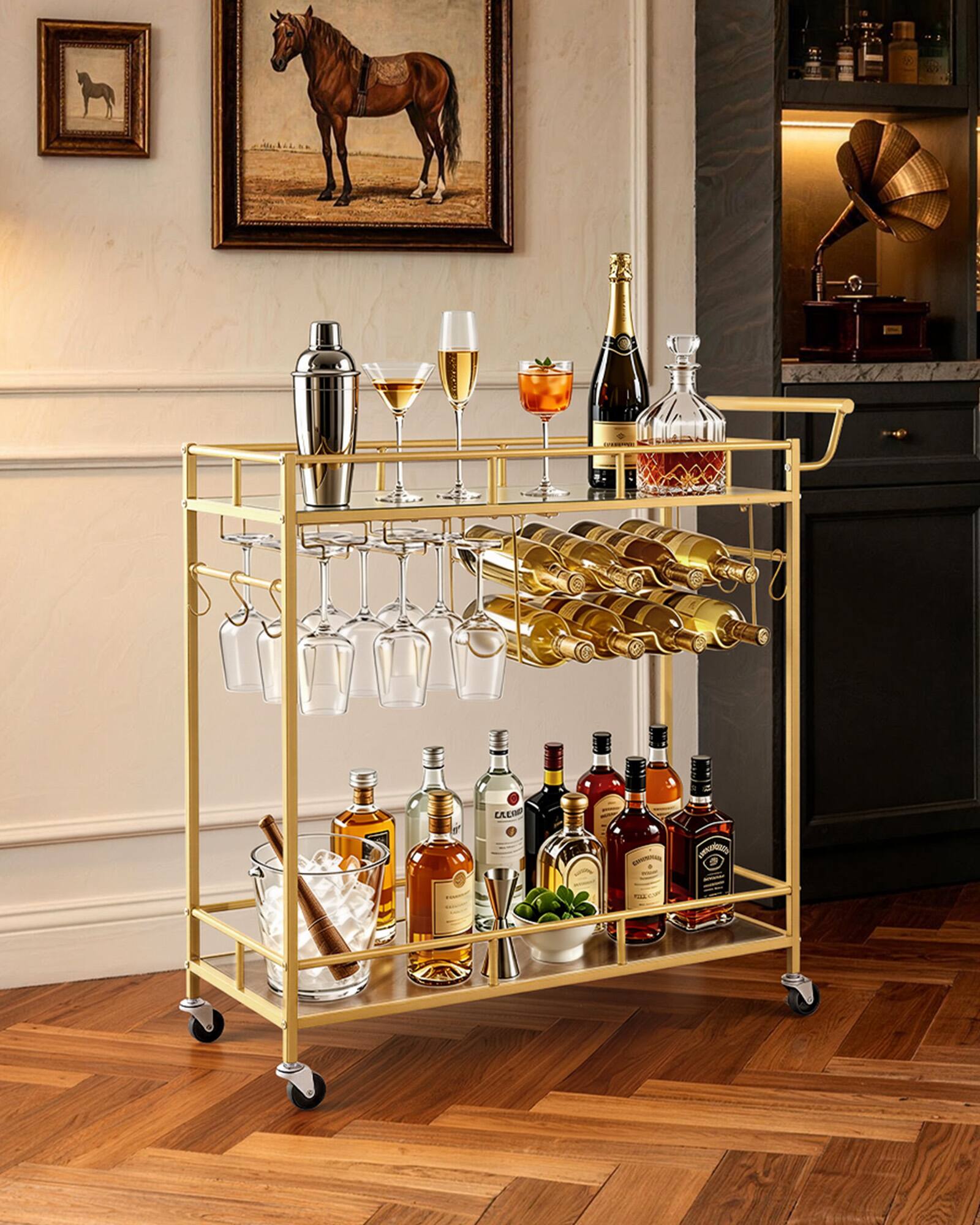 Alt View 3. VEVOR - Bar Cart, 2 Tiers Home Kitchen Serving Carts, Modern Rolling Utility Station on Wheels, Drink Beverage Trolley - Gold.