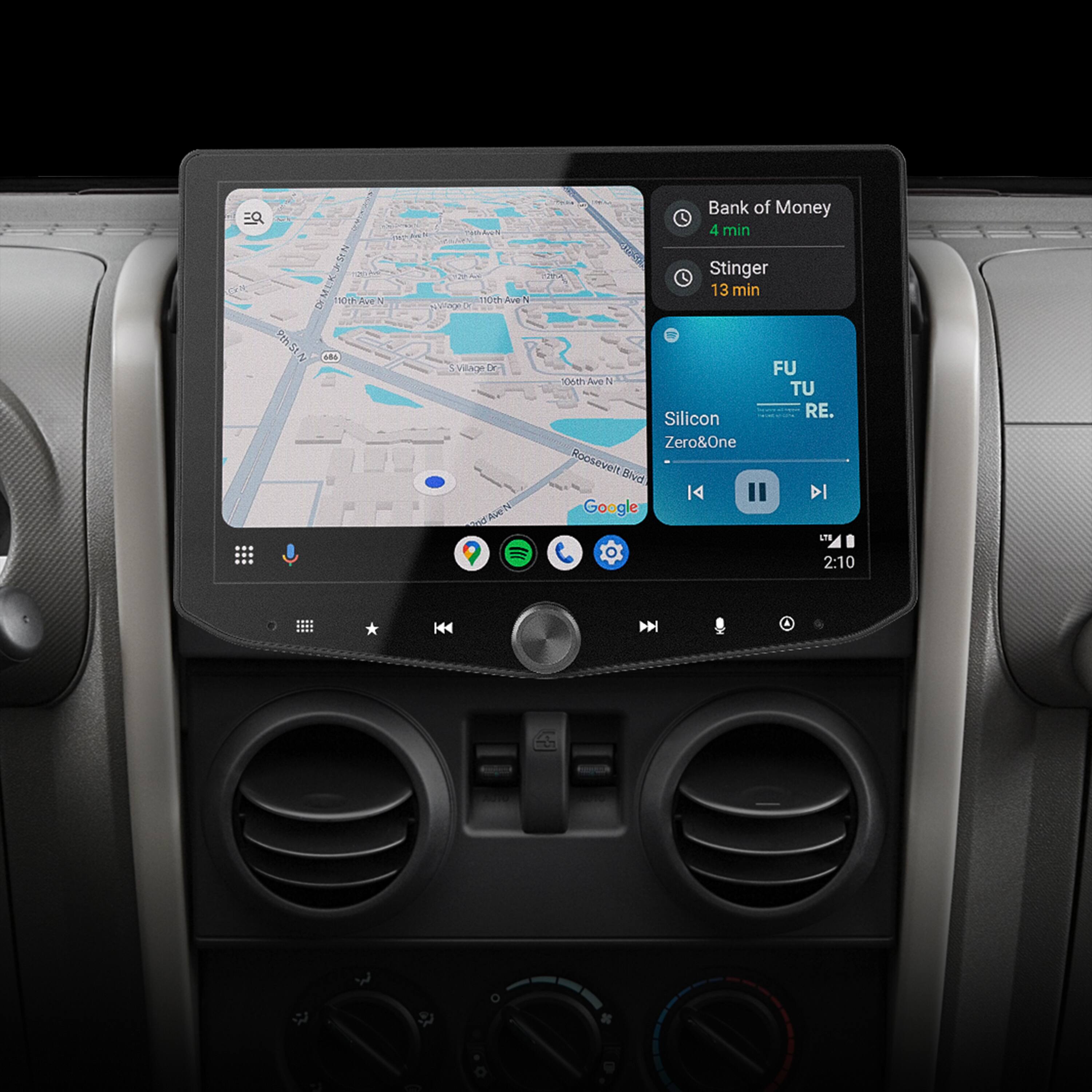 The text on the image reads: "Bank of Money 4 min nAtS Stinger 13 min UR 06th Awre N TU Silicon RE. Zero&One Rooseveit Bivd I4 DI Google L 2:10 H A ."